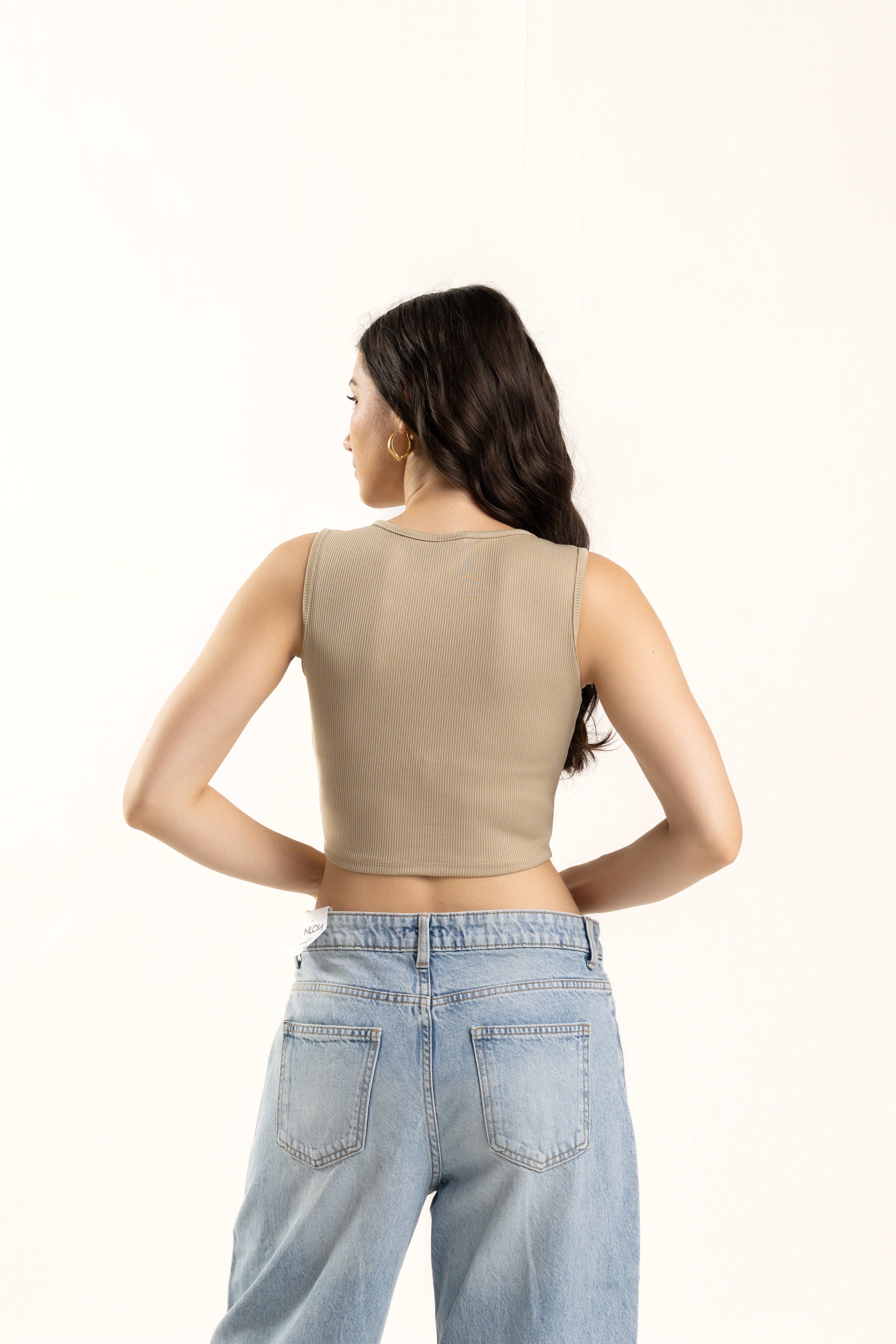 womens Ribbed Beige Sleeveless Crop Top