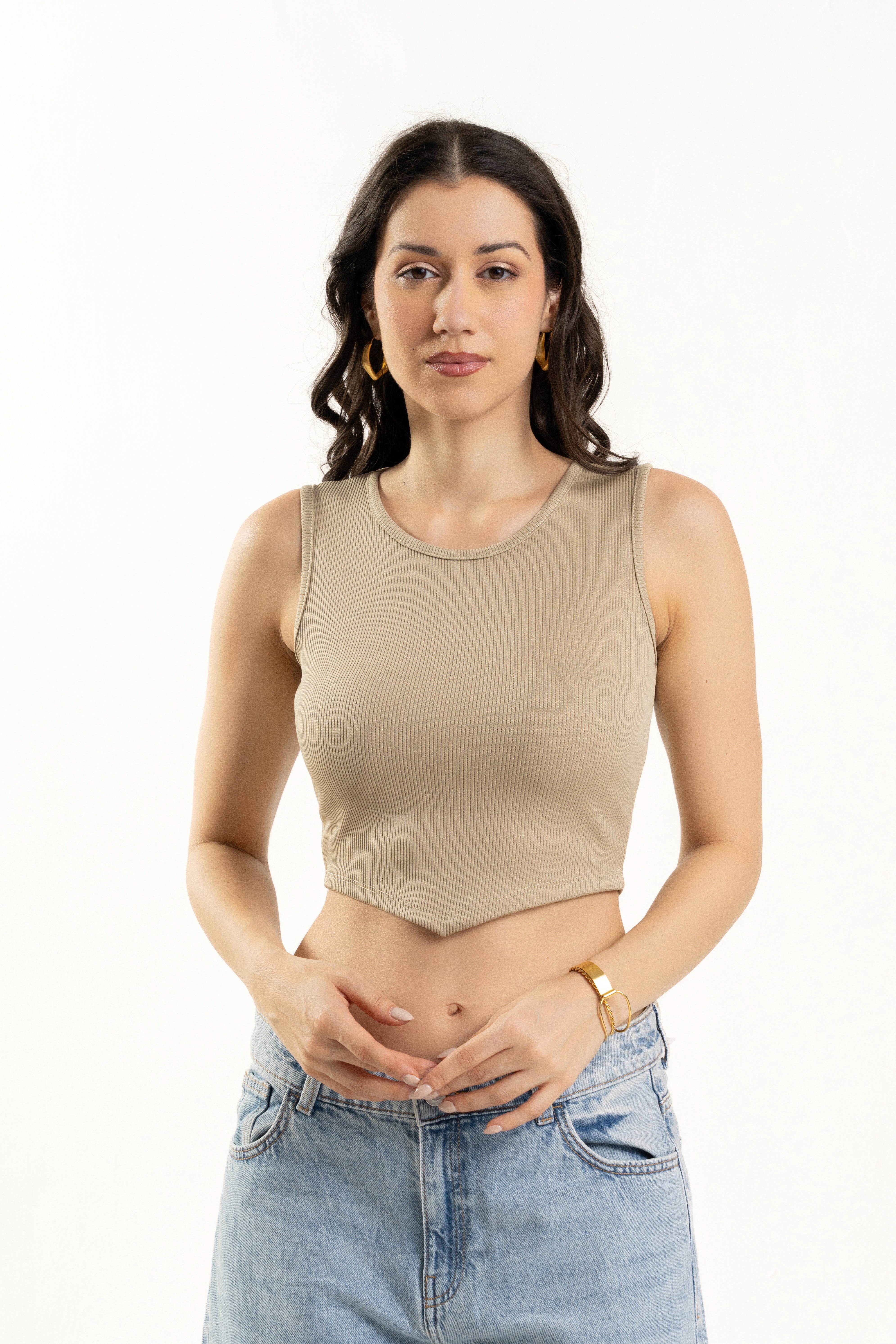 womens Ribbed Beige Sleeveless Crop Top