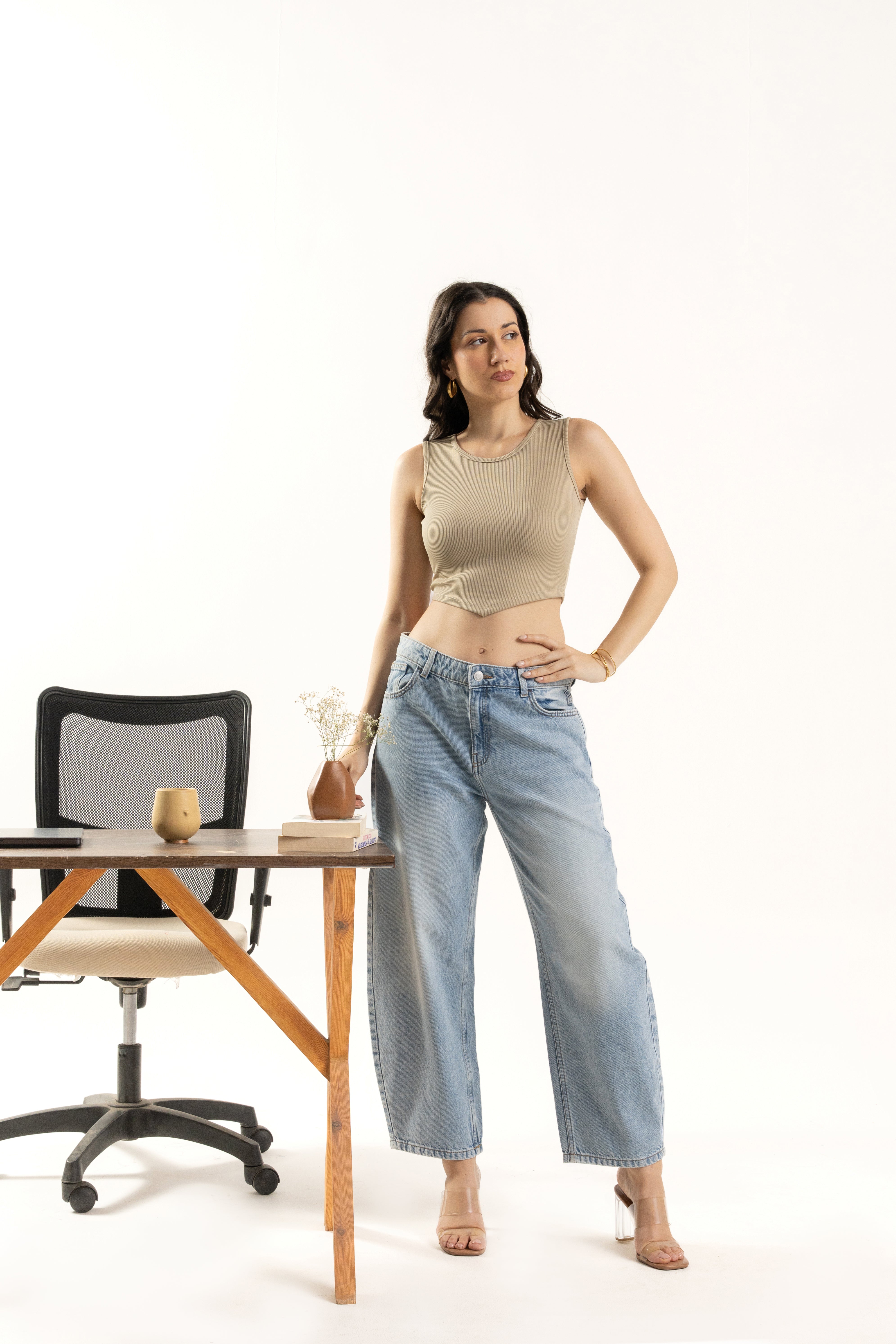 womens Ribbed Beige Sleeveless Crop Top