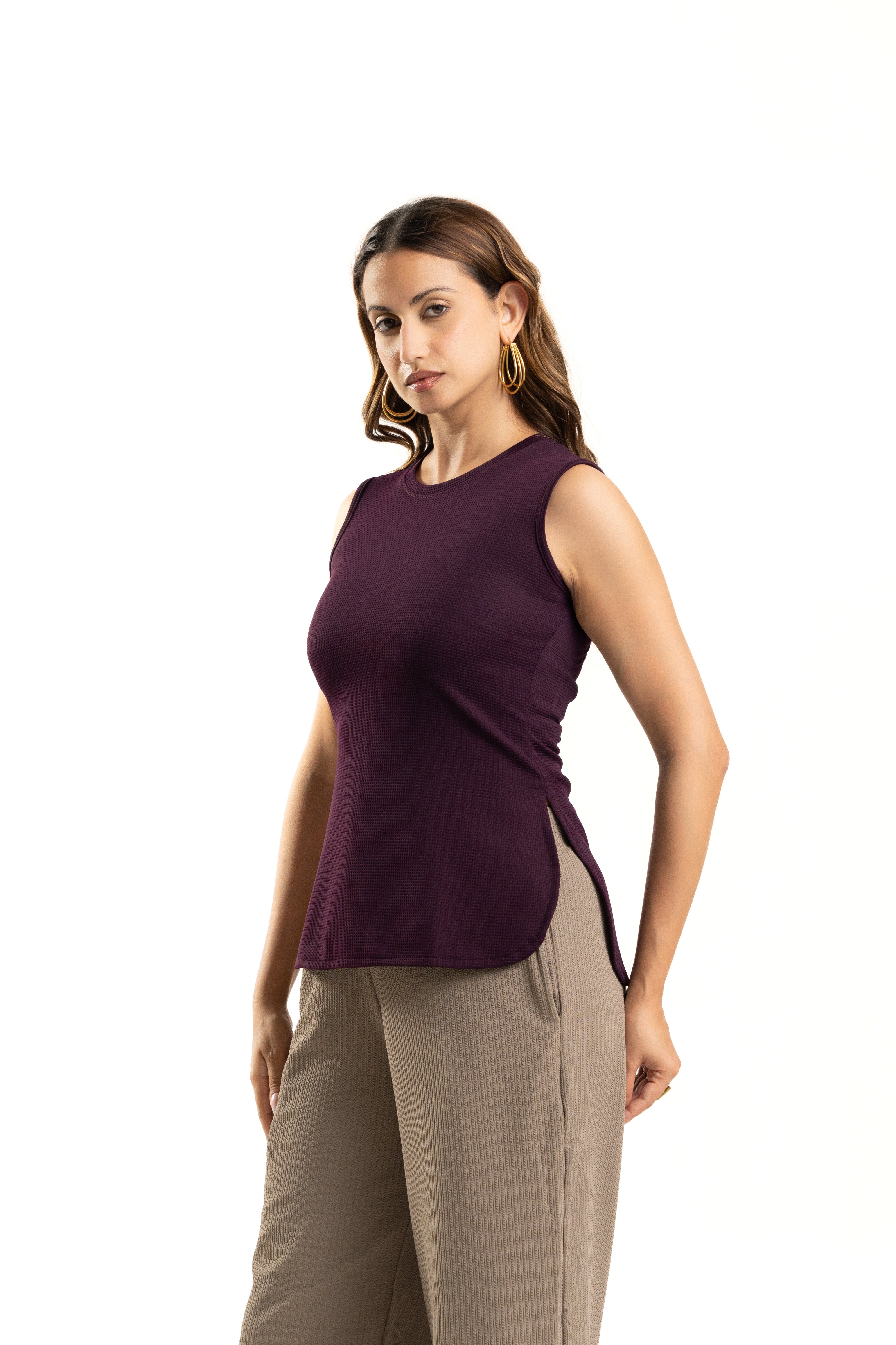 Wine Sleeveless Curve Hem Top For Women