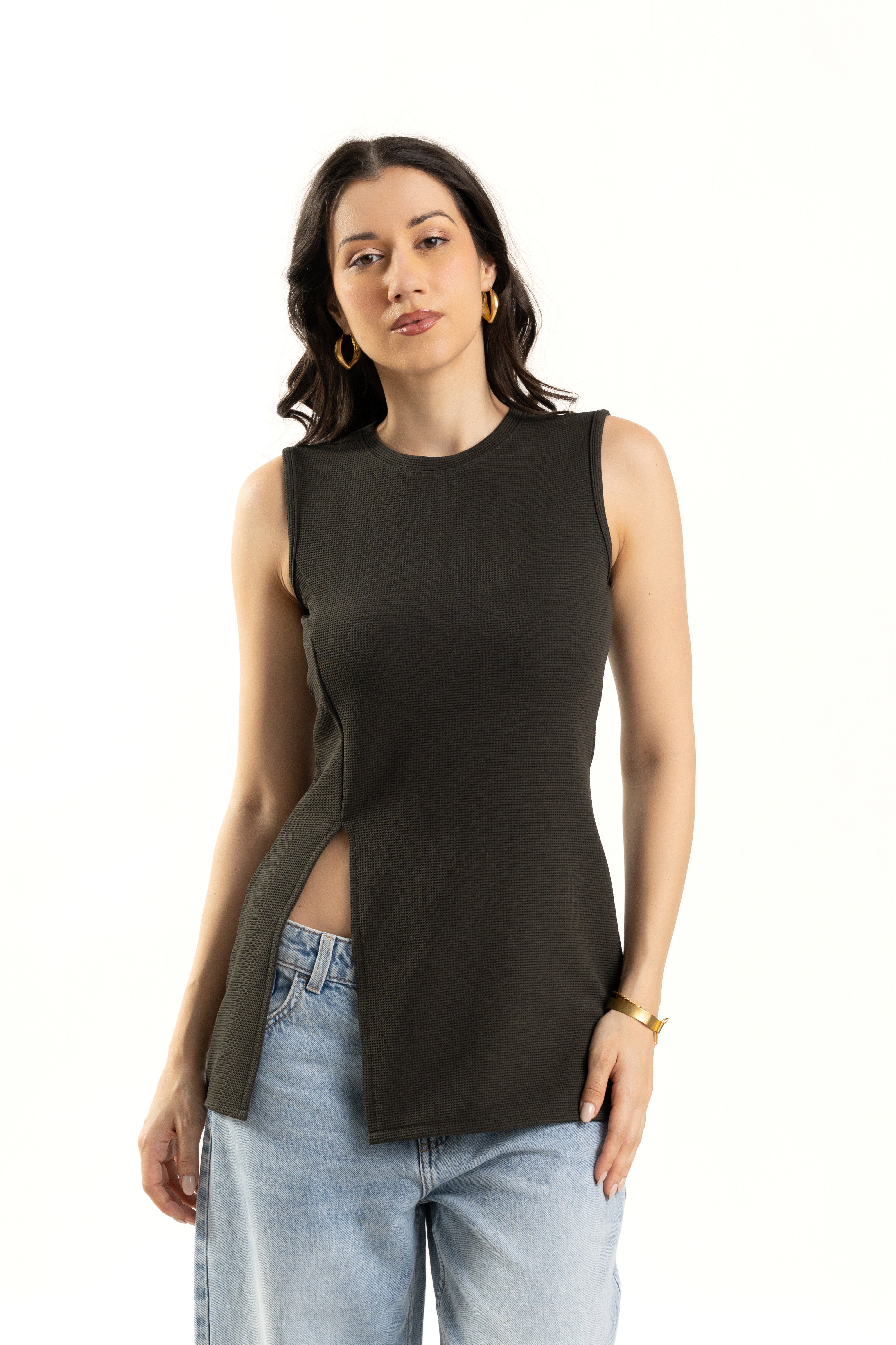 Dark Green Sleeveless Side Slit Long Top for Women
