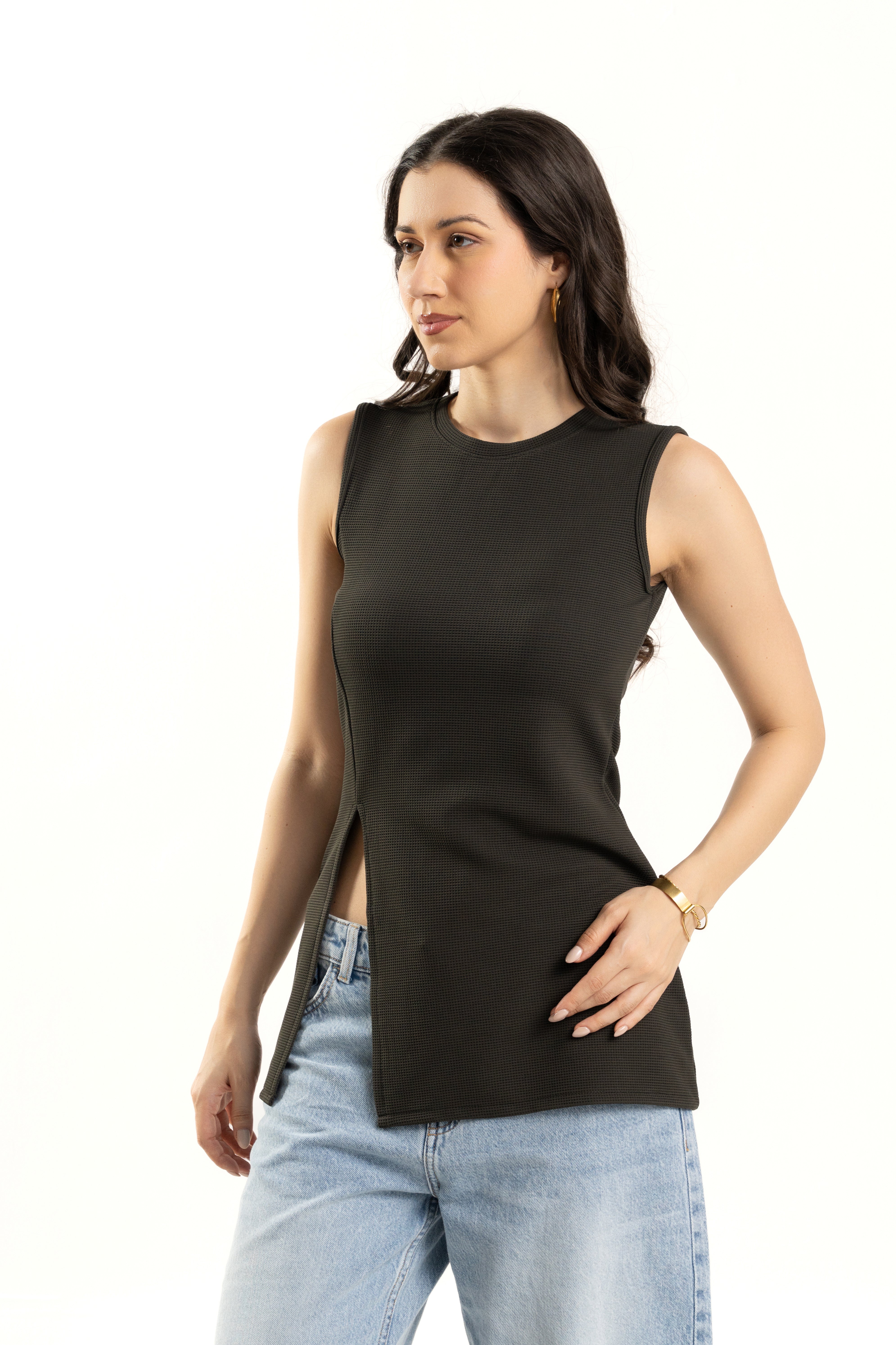 Dark Green Sleeveless Side Slit Long Top for Women