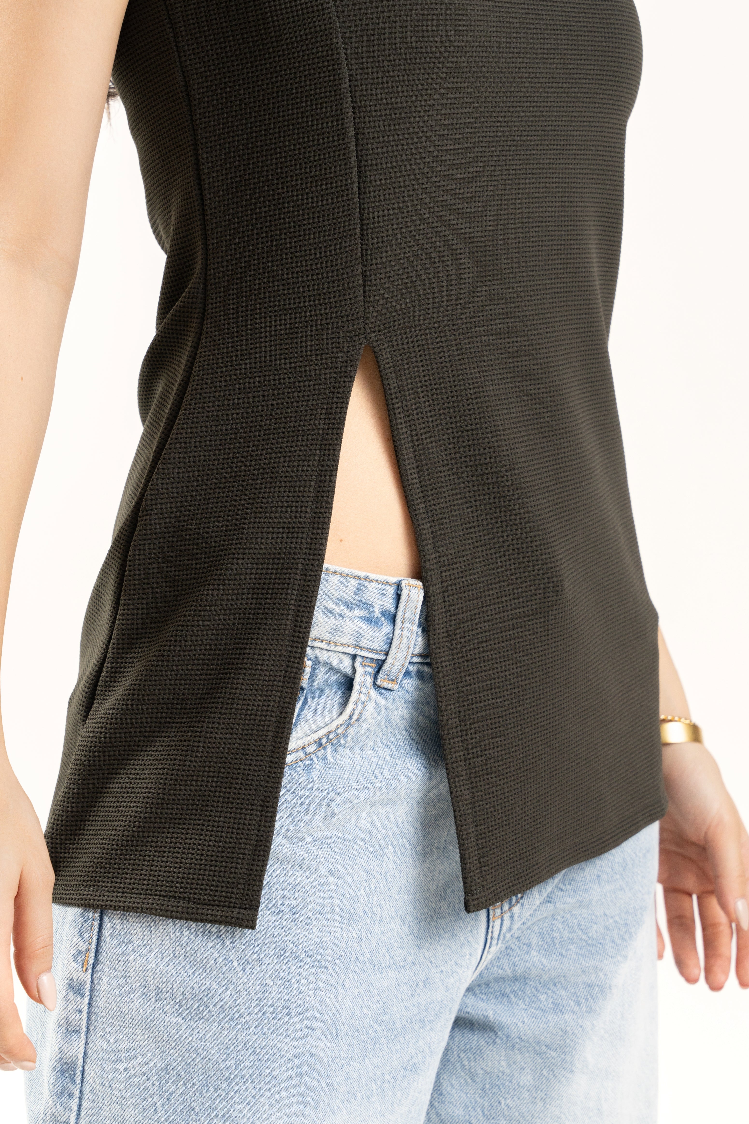 Dark Green Sleeveless Side Slit Long Top for Women