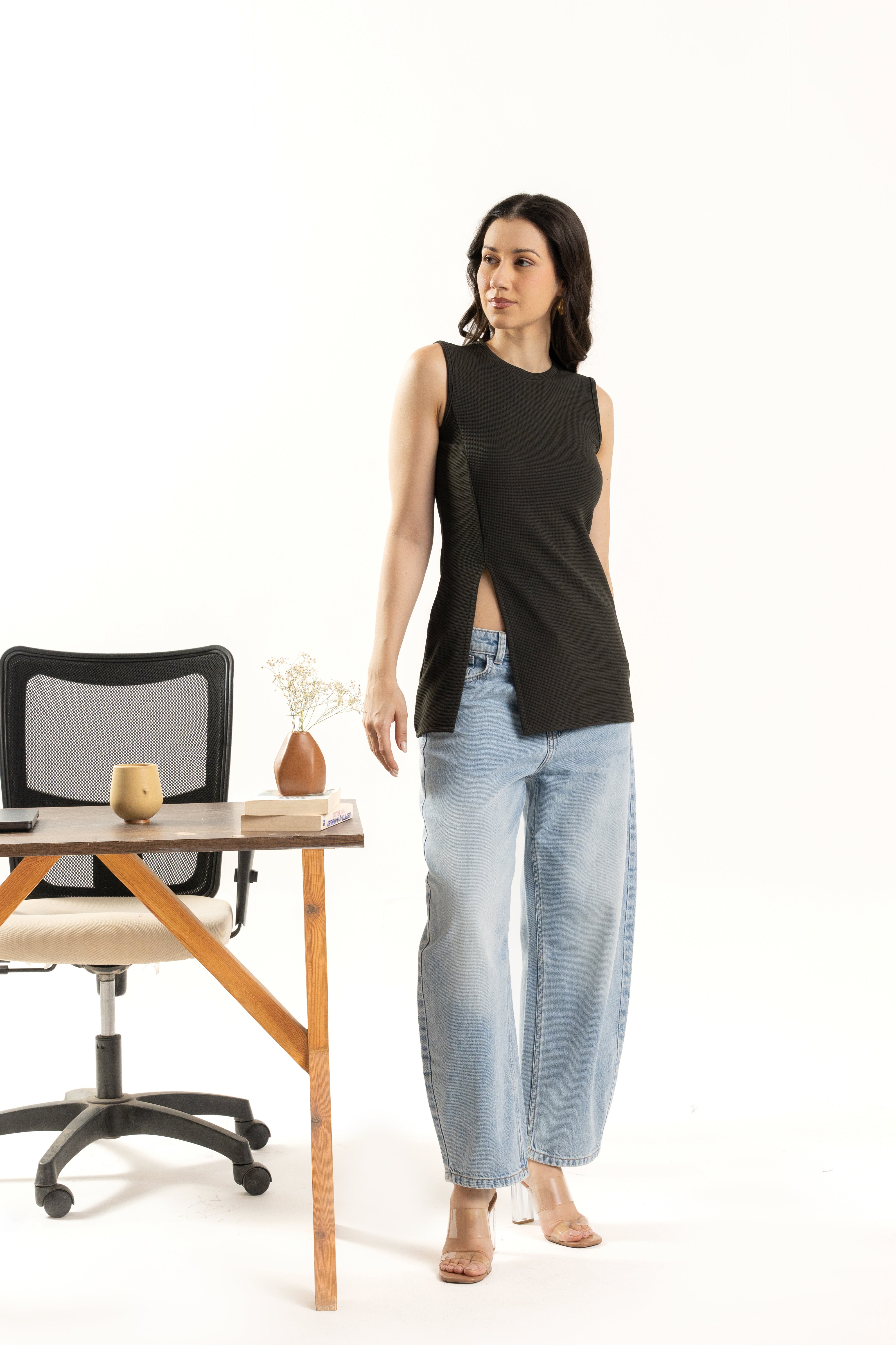 Dark Green Sleeveless Side Slit Long Top for Women