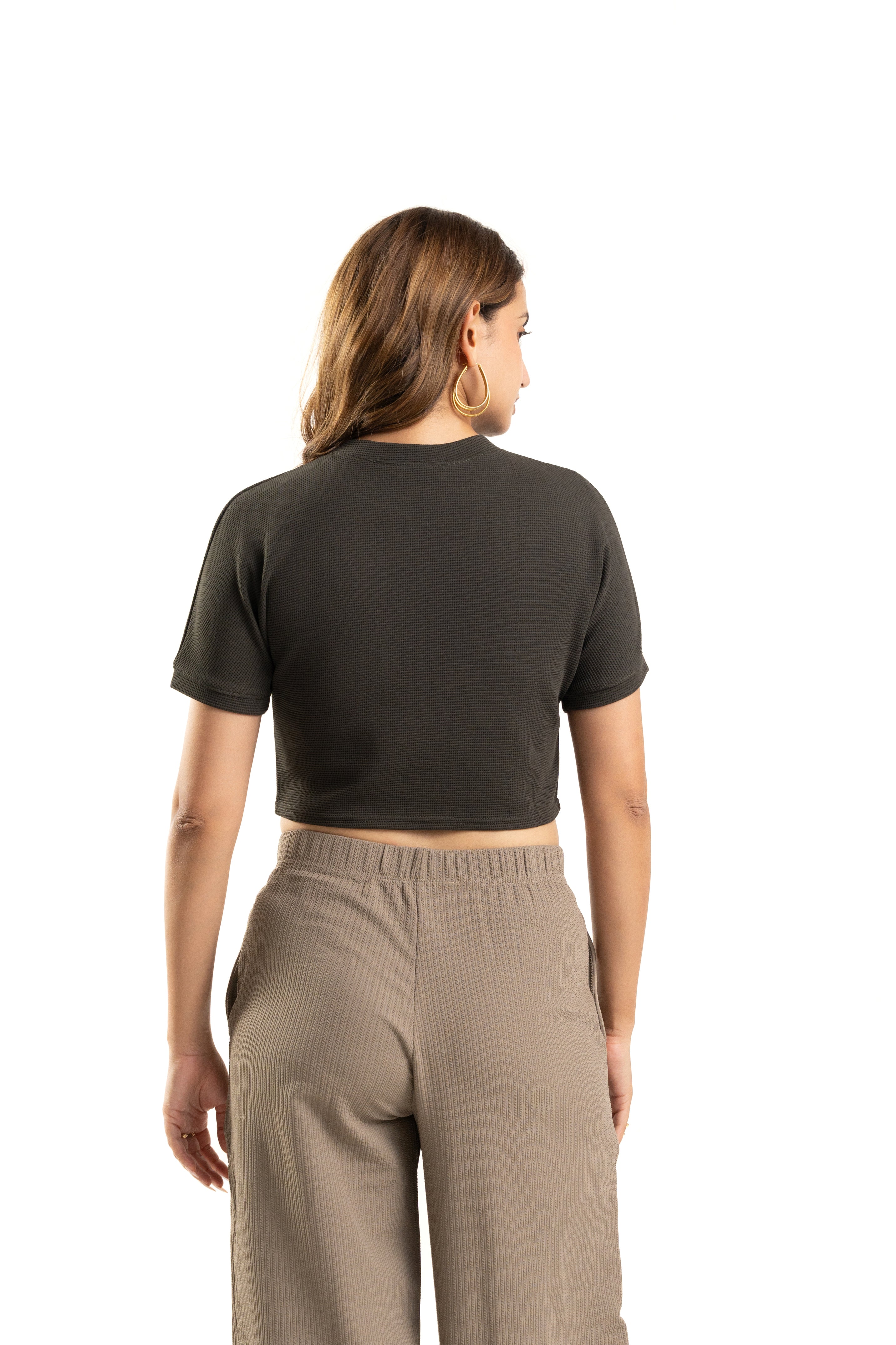 Dark Green Crop Top for Women Casual Round Neck