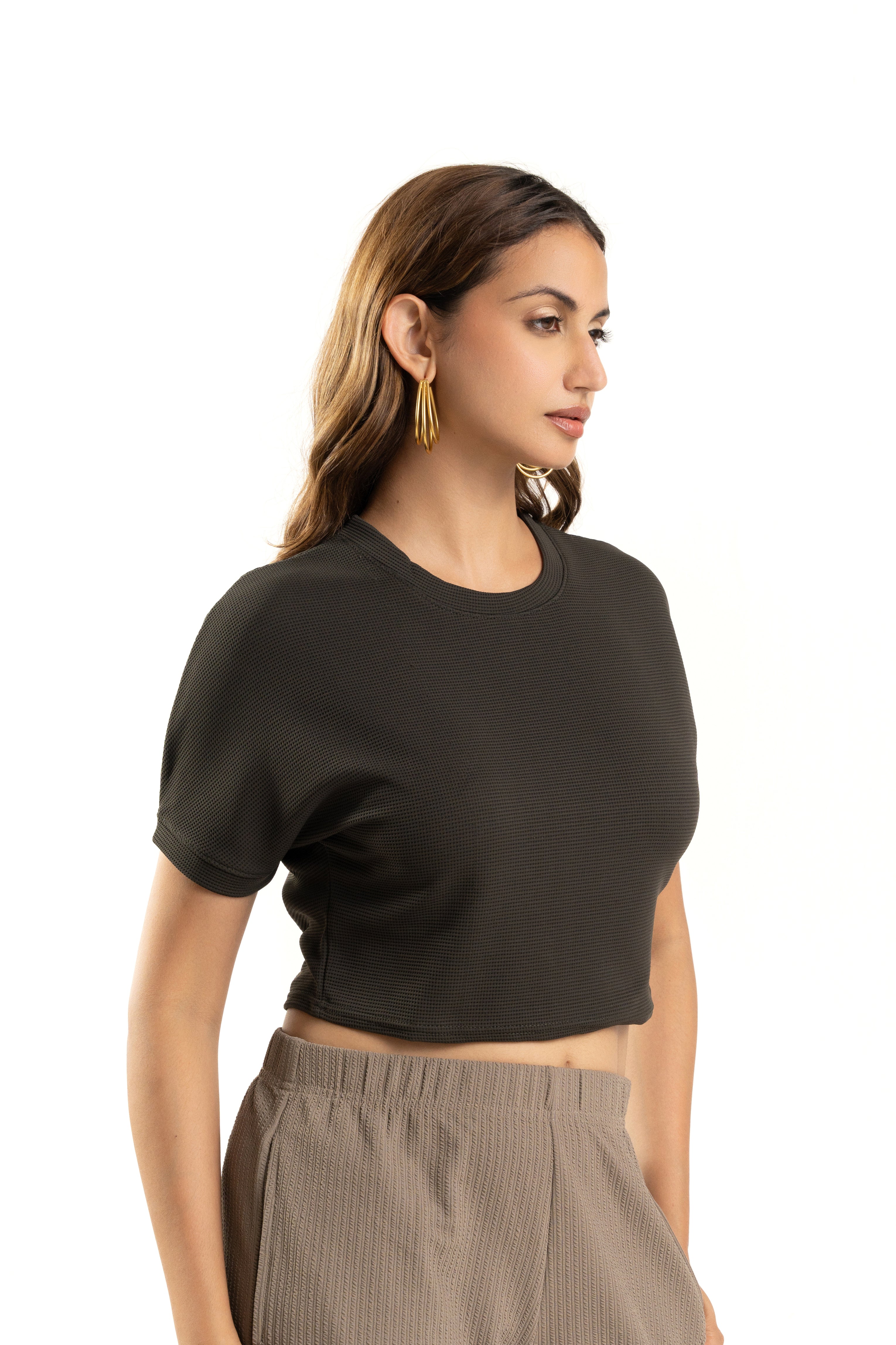Dark Green Crop Top for Women Casual Round Neck