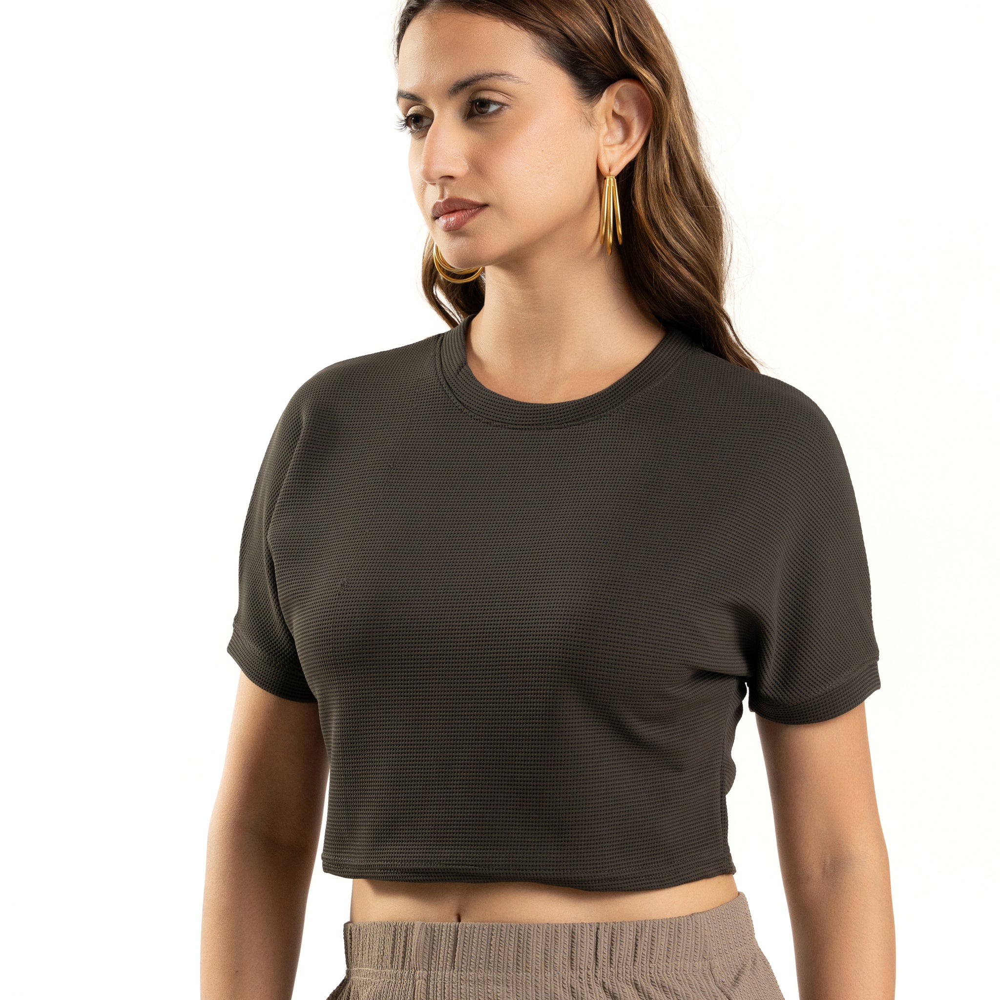 Dark Green Crop Top for Women Casual Round Neck