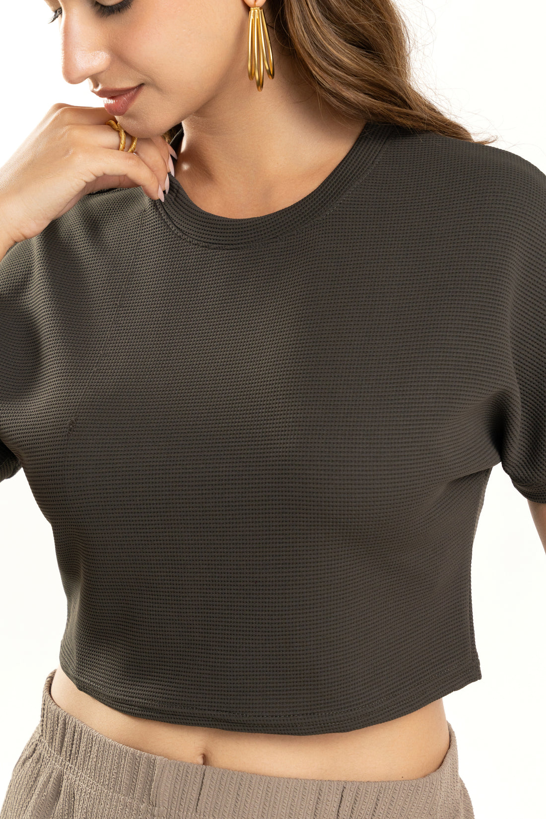 Dark Green Crop Top for Women Casual Round Neck