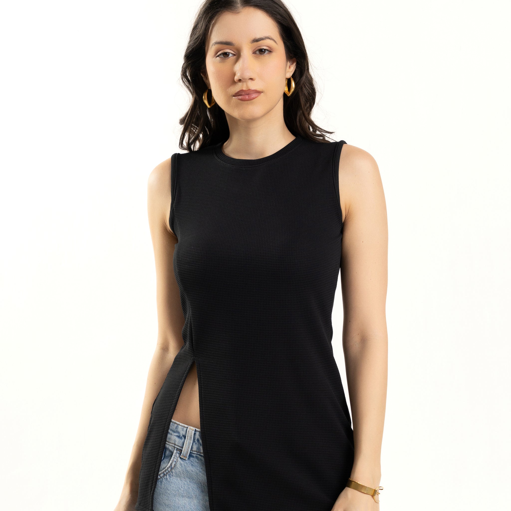 Black Sleeveless Side Slit Long Top for Women