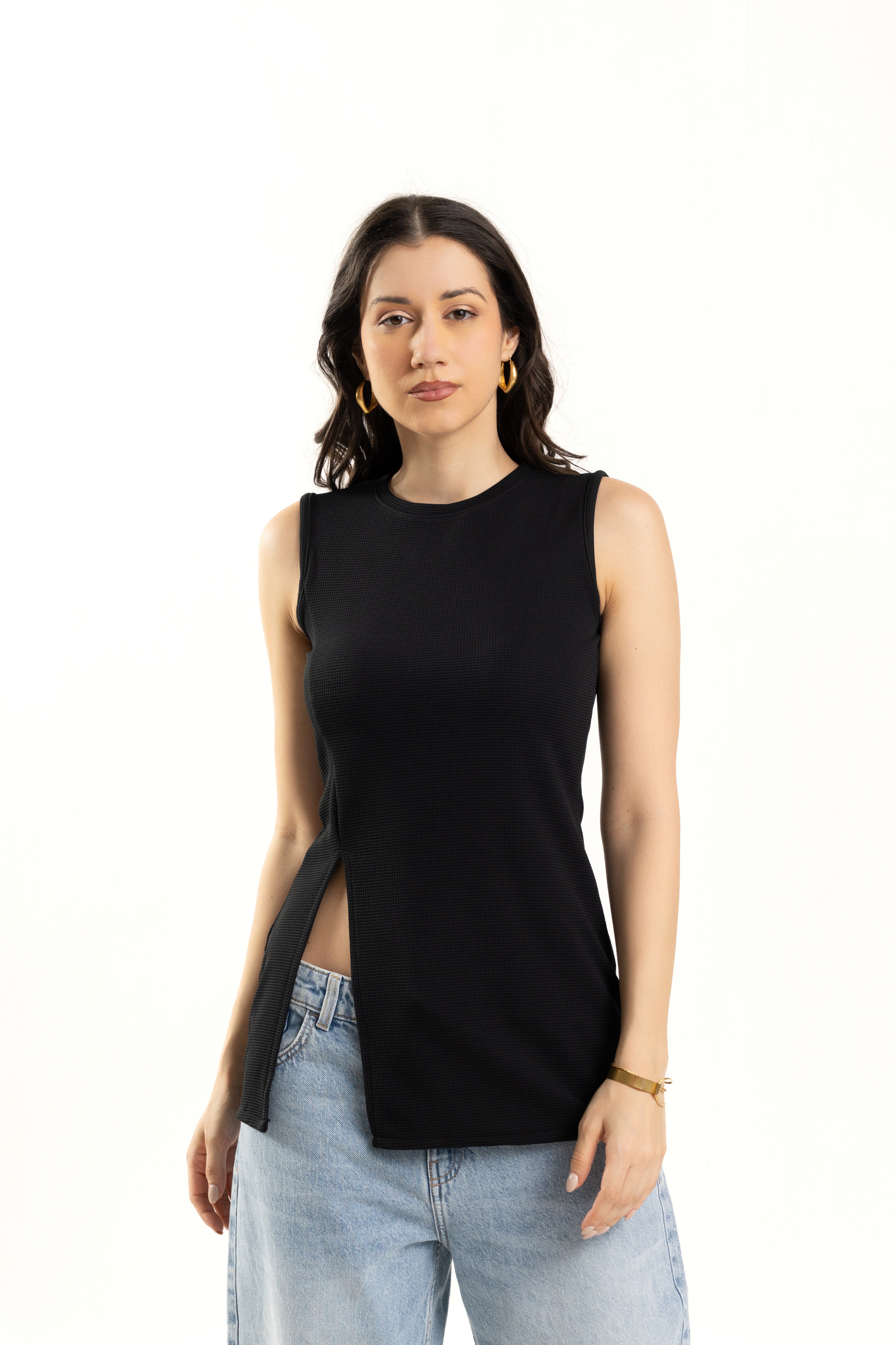 Black Sleeveless Side Slit Long Top for Women