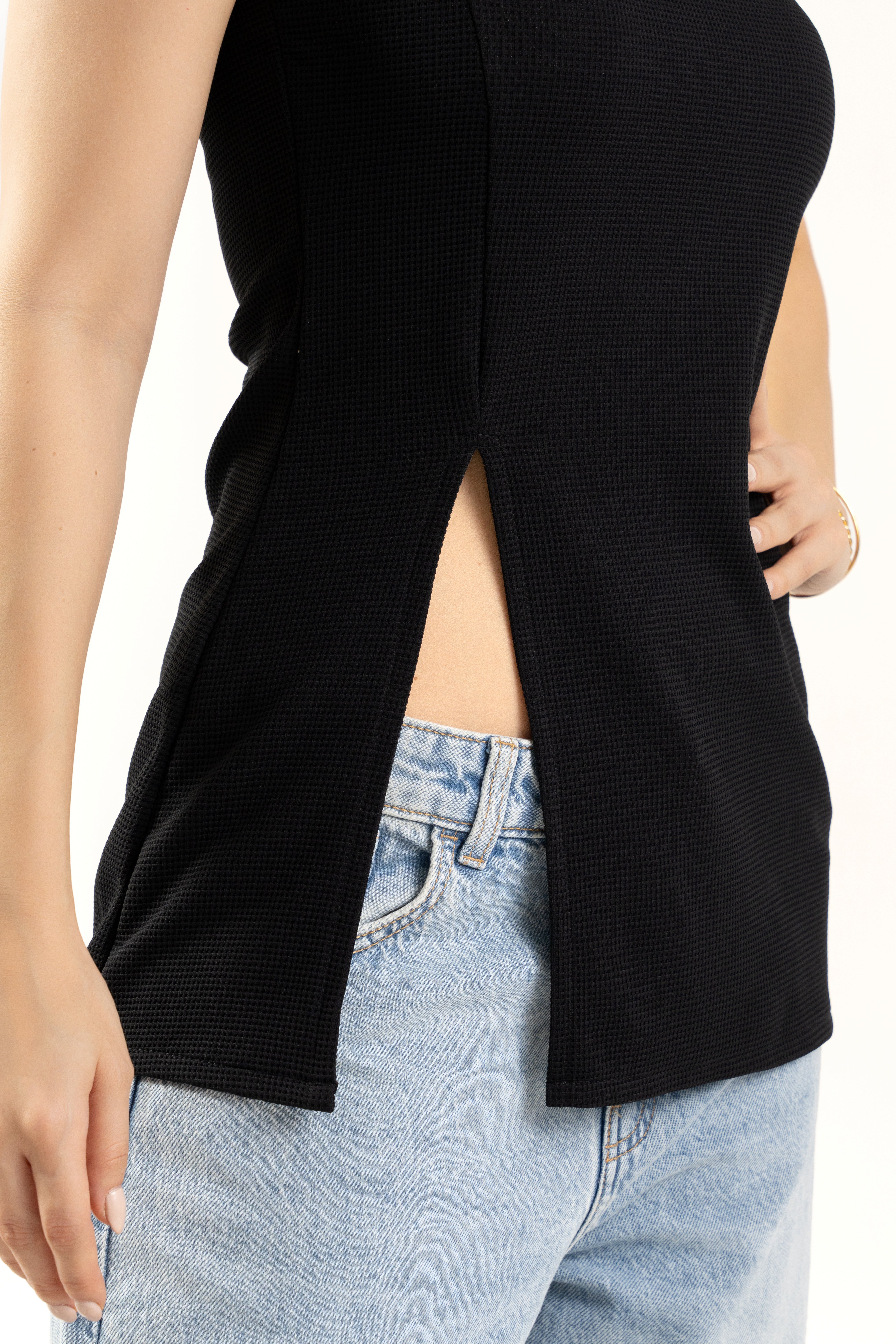 Black Sleeveless Side Slit Long Top for Women
