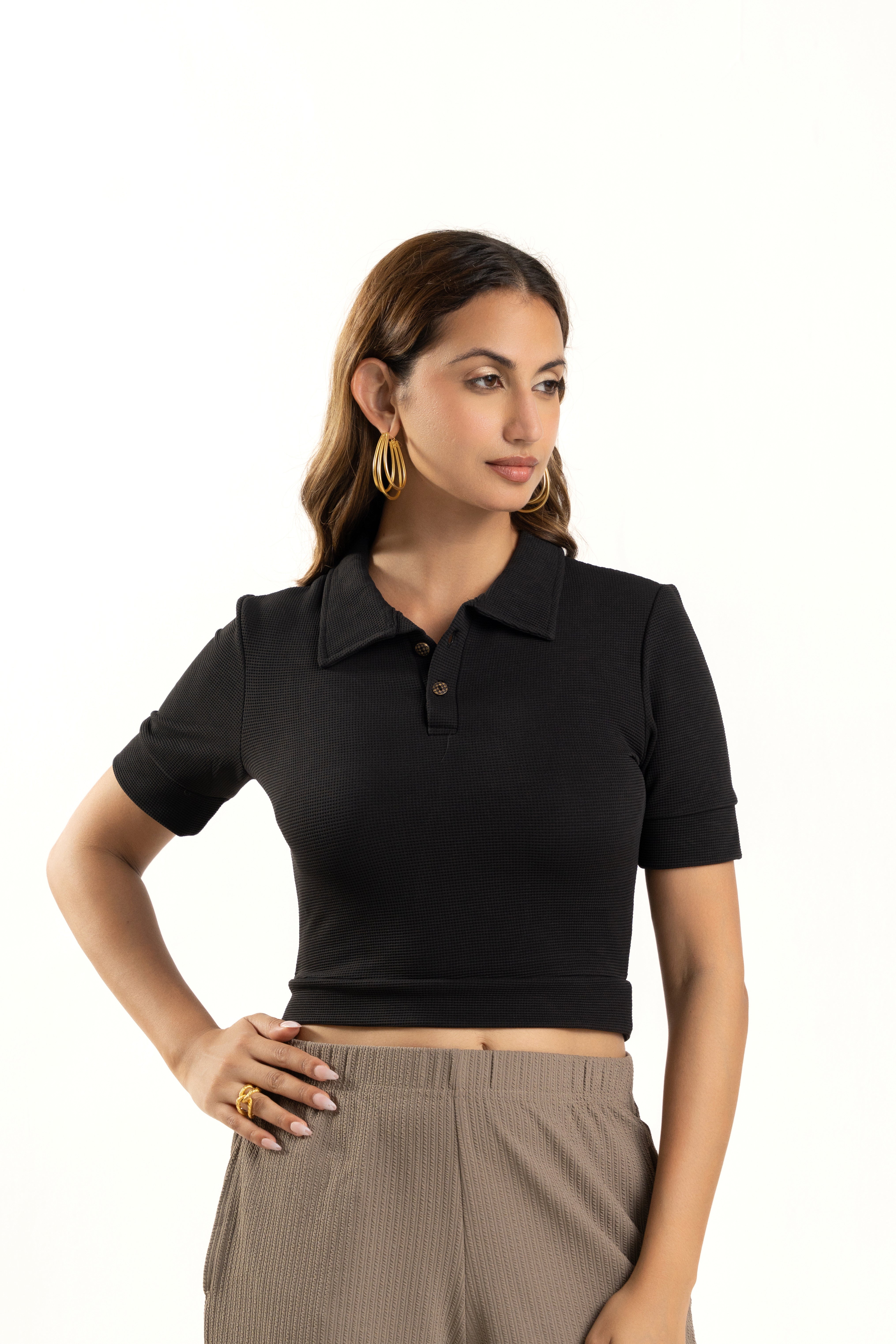 Black Ribbed Polo Collar Crop Top Casual Smart Fit