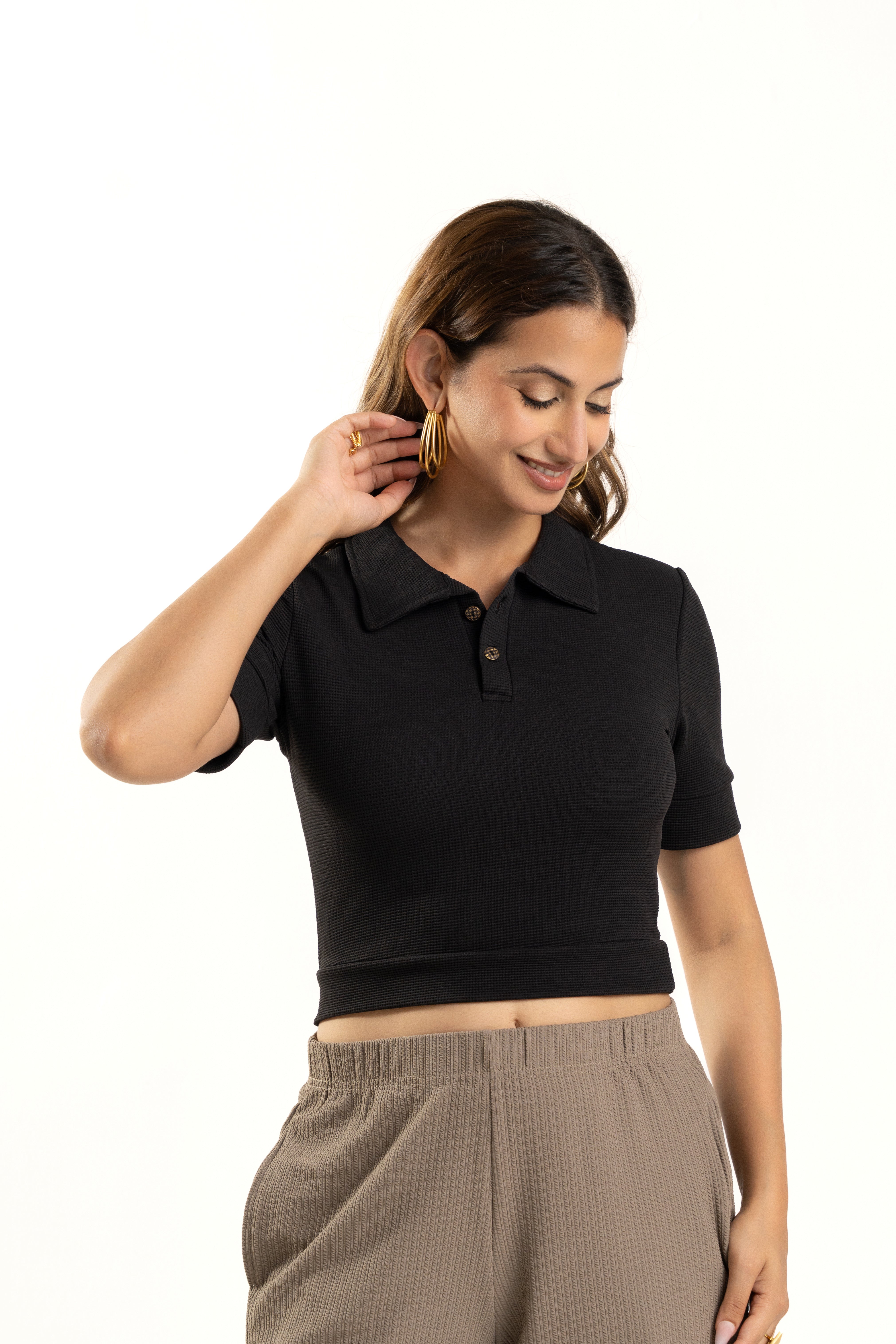Black Ribbed Polo Collar Crop Top Casual Smart Fit