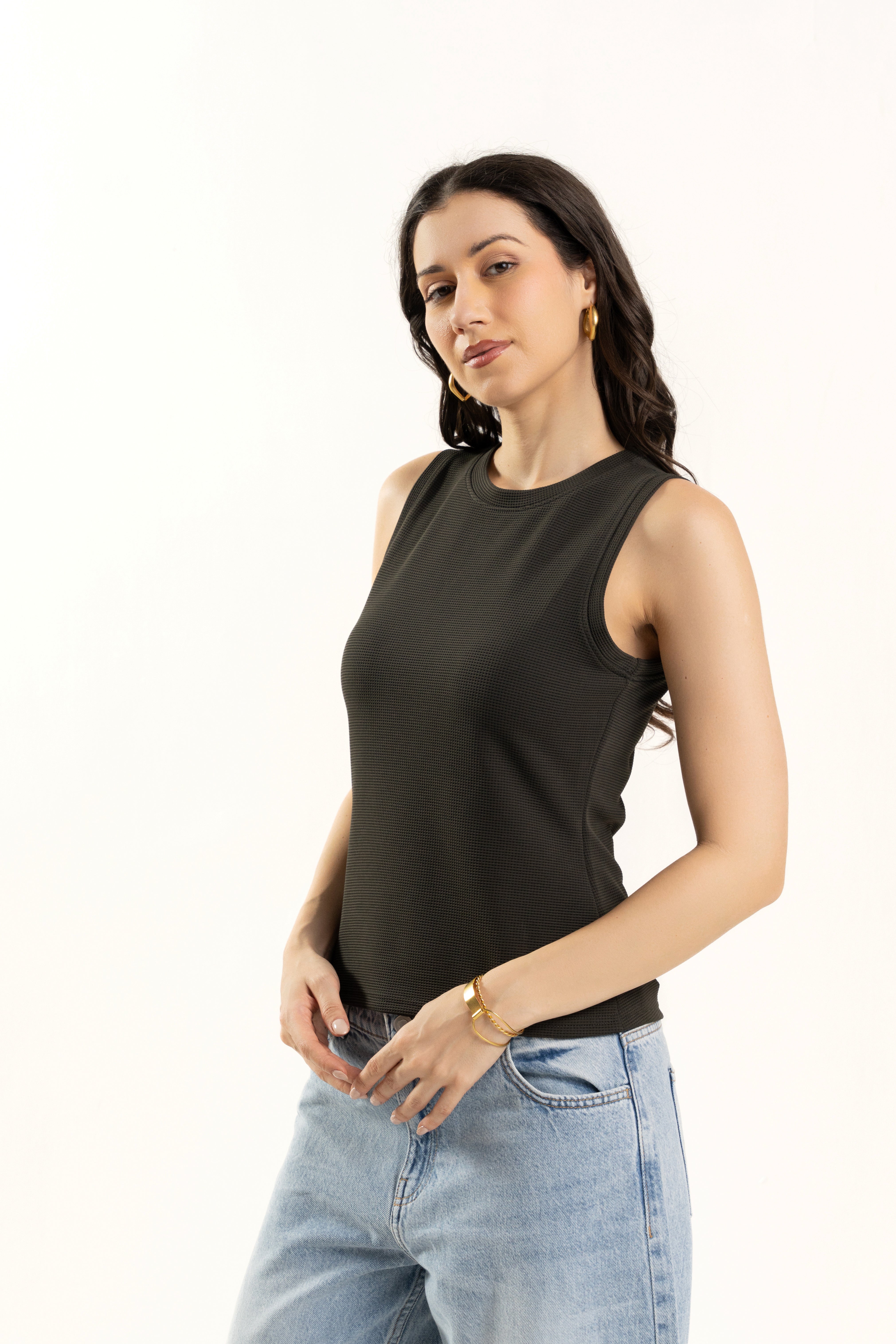 Dark Green Tank Top for Women Sleeveless Round Neck Casual