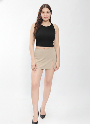Women’s Bodycon Mini Skirt with Front Slit-Beige