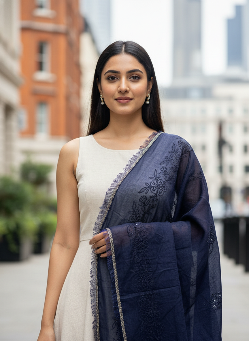 Navy Premium Soft Weave Dupatta with Fine Textured Detailing