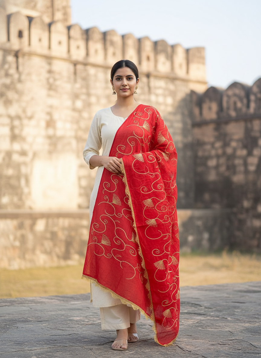 Red Elegant Ethnic Embroidered Dupatta for Festive and Traditional Wear