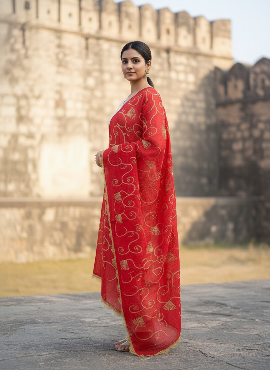 Red Elegant Ethnic Embroidered Dupatta for Festive and Traditional Wear