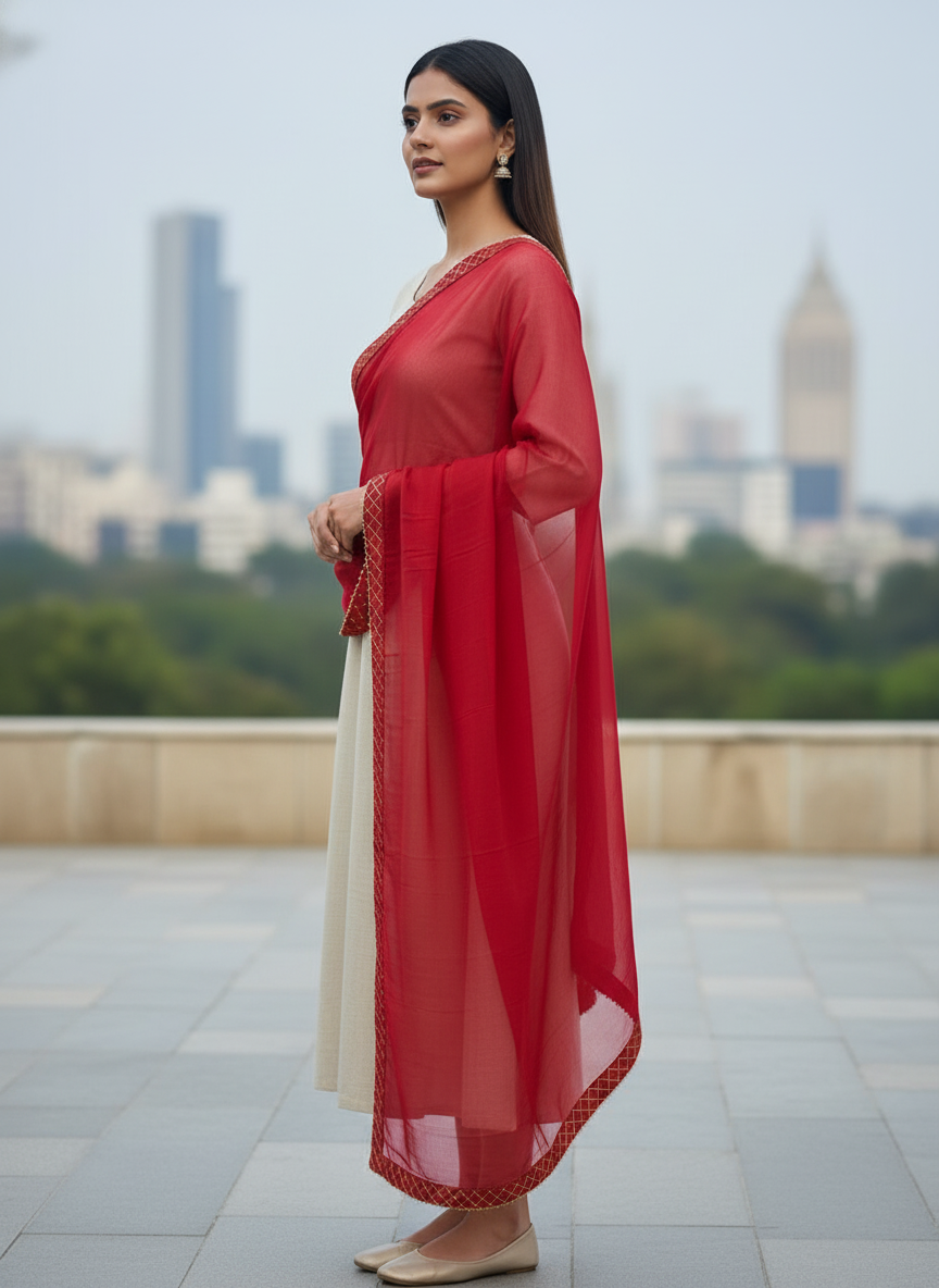 Red Lightweight Designer Dupatta with Minimal Elegant Detailing