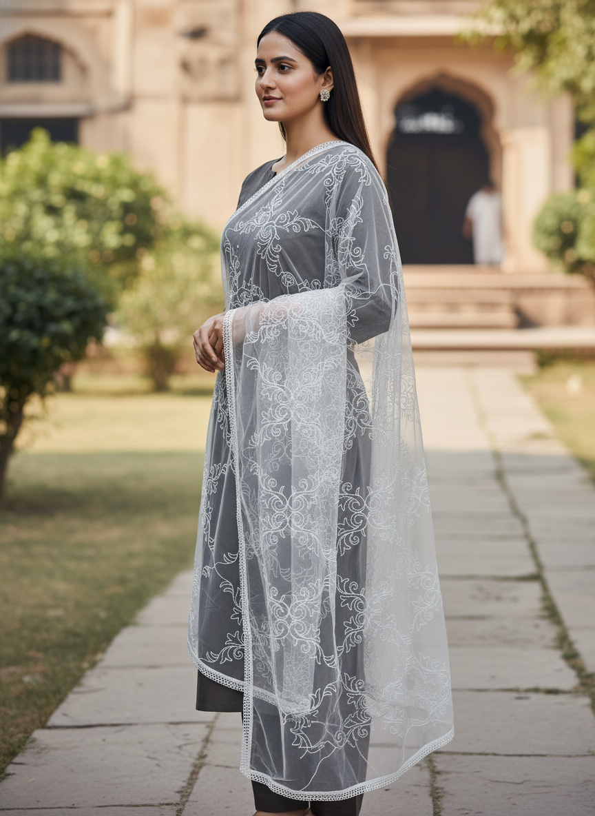 Elegant Embroidered Net Dupatta Designer Ethnic Party Style
