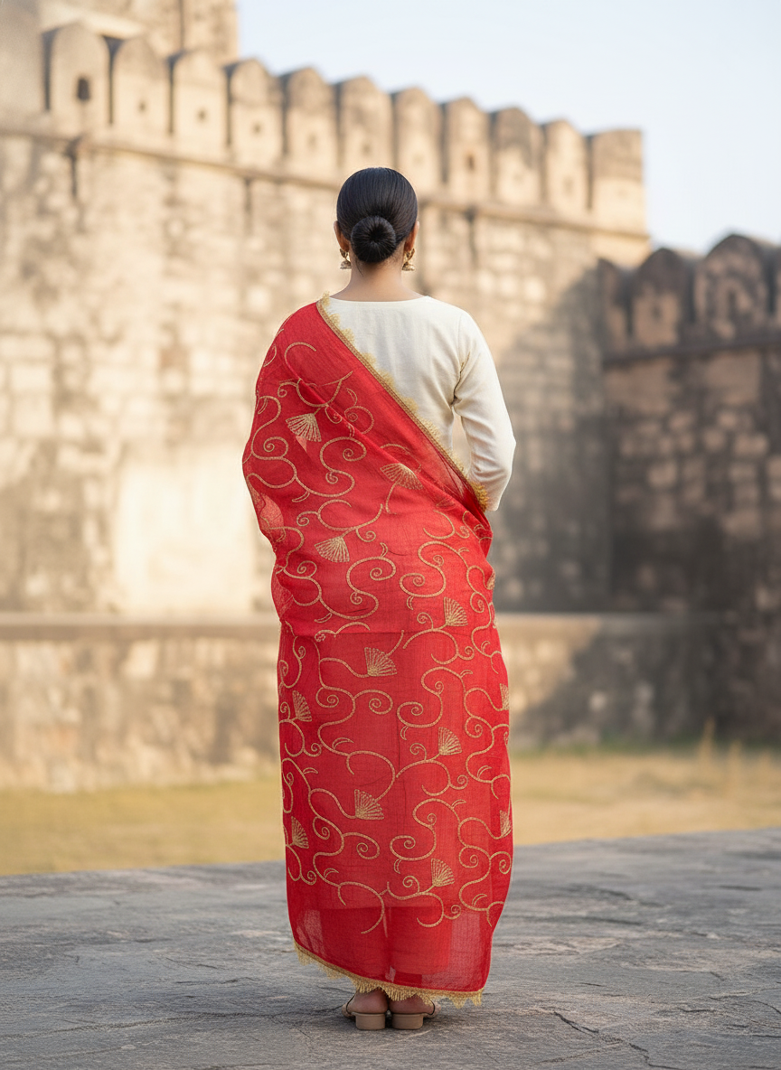 Red Elegant Ethnic Embroidered Dupatta for Festive and Traditional Wear