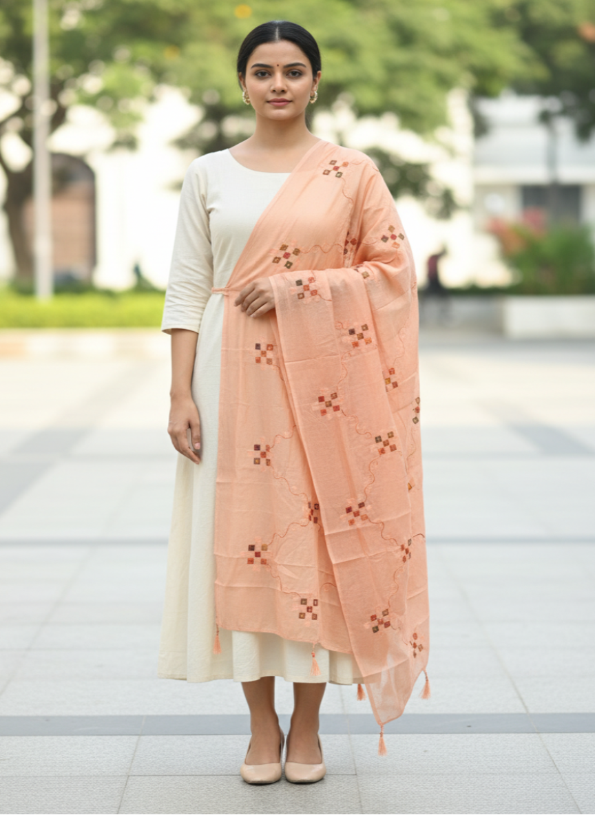 Peach Embroidered Soft Fabric Dupatta for Traditional Occasions