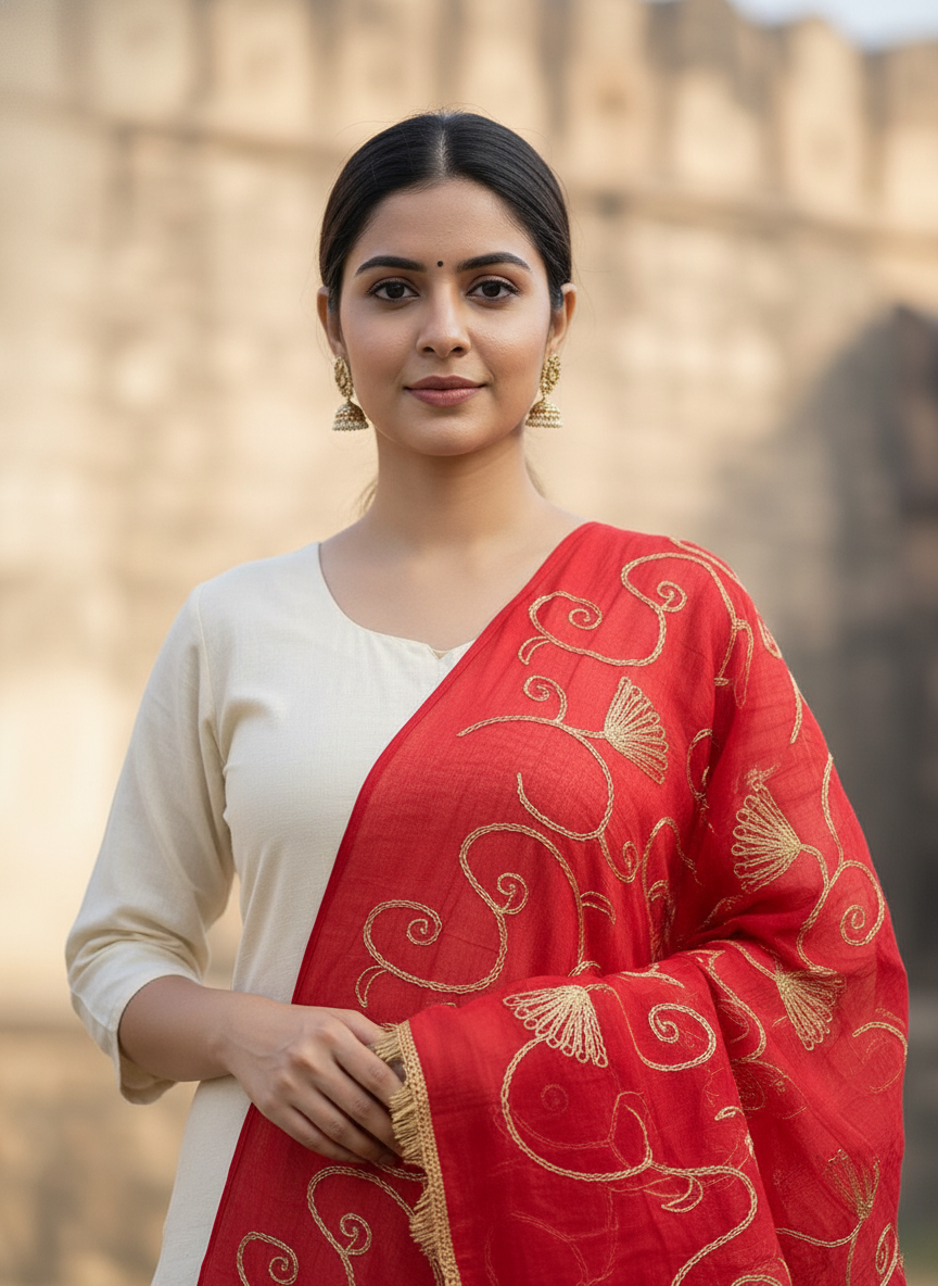 Red Elegant Ethnic Embroidered Dupatta for Festive and Traditional Wear