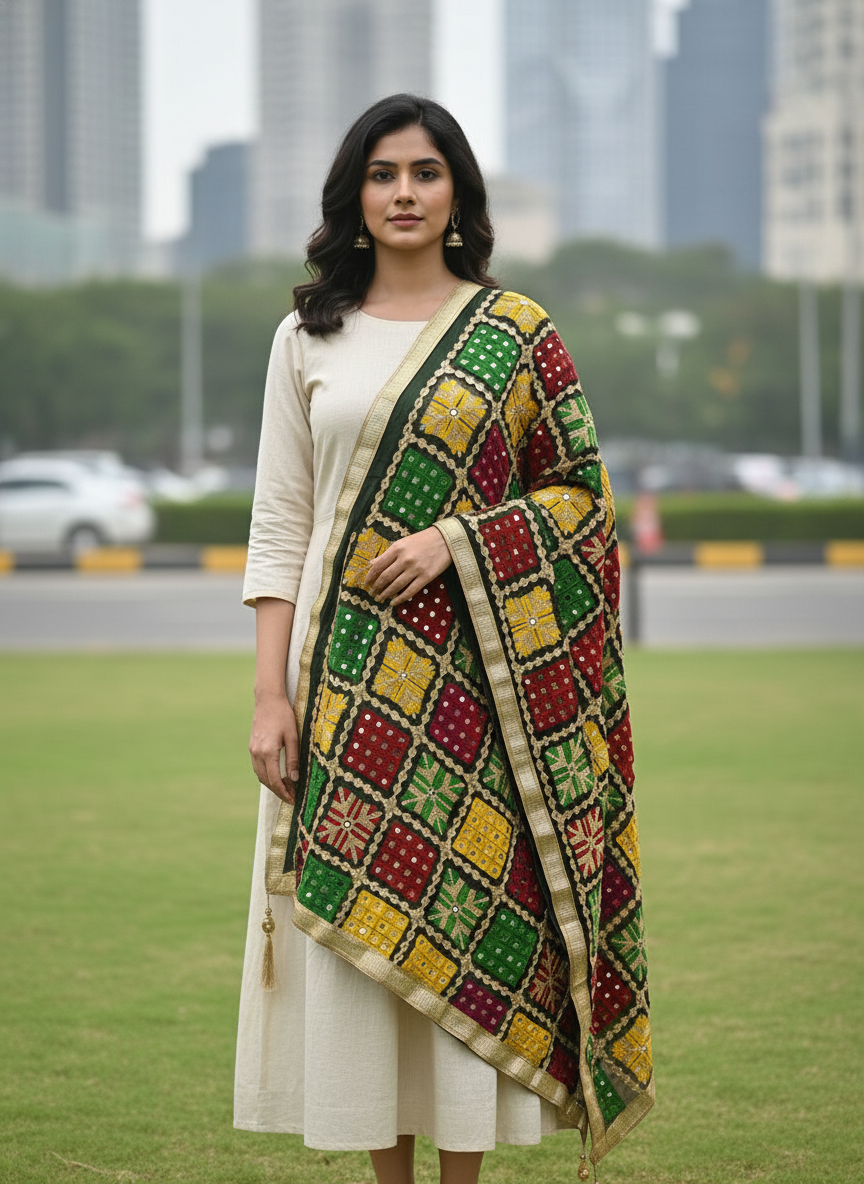 Dark Green Handcrafted Mirror Work Dupatta for Ethnic and Festive Looks