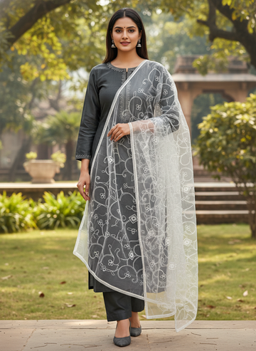 Floral Embroidered Net Dupatta For Festive Ethnic Fashion