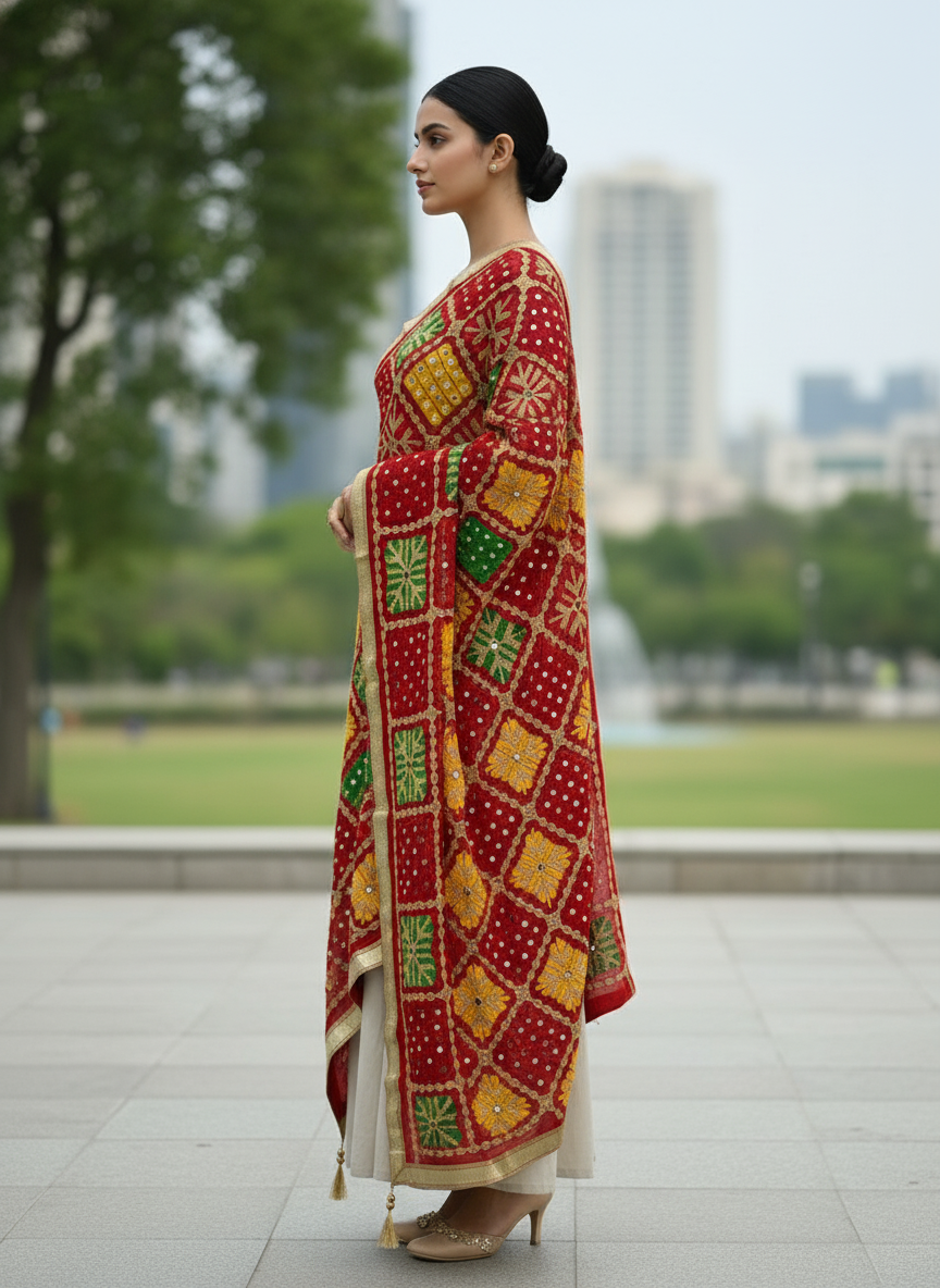 Red Handcrafted Mirror Work Dupatta for Ethnic and Festive Looks
