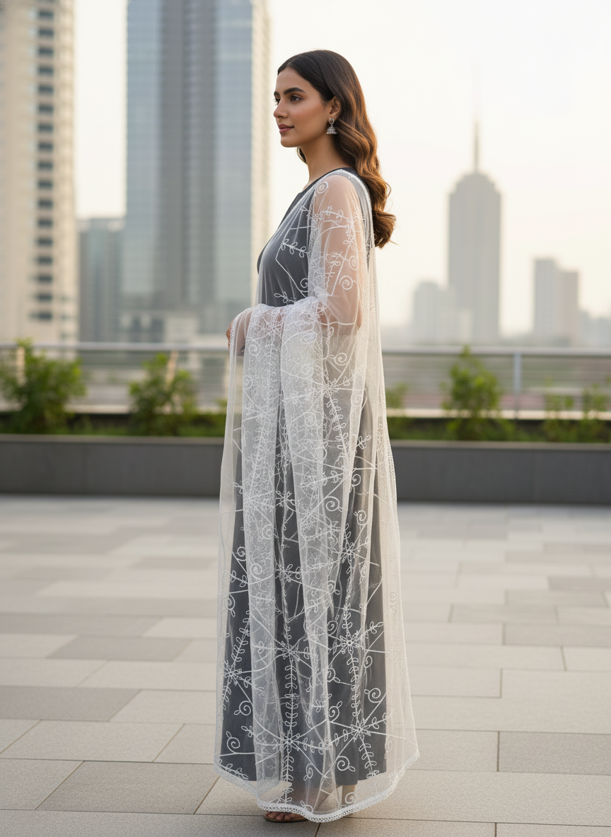 Designer Embroidered Net Dupatta Elegant Ethnic Party Fashion
