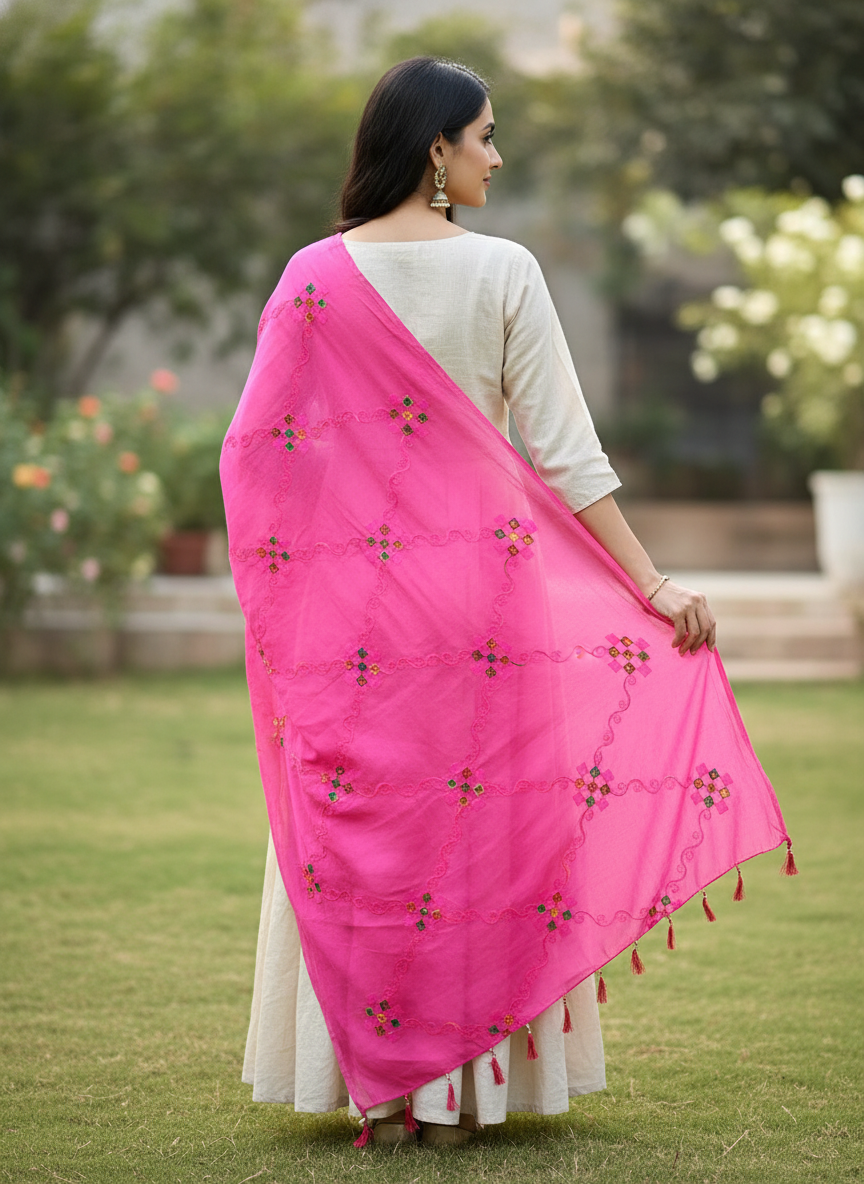 Pink Embroidered Soft Fabric Dupatta for Traditional Occasions