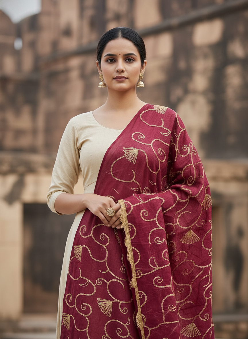 Maroon Elegant Ethnic Embroidered Dupatta for Festive and Traditional Wear