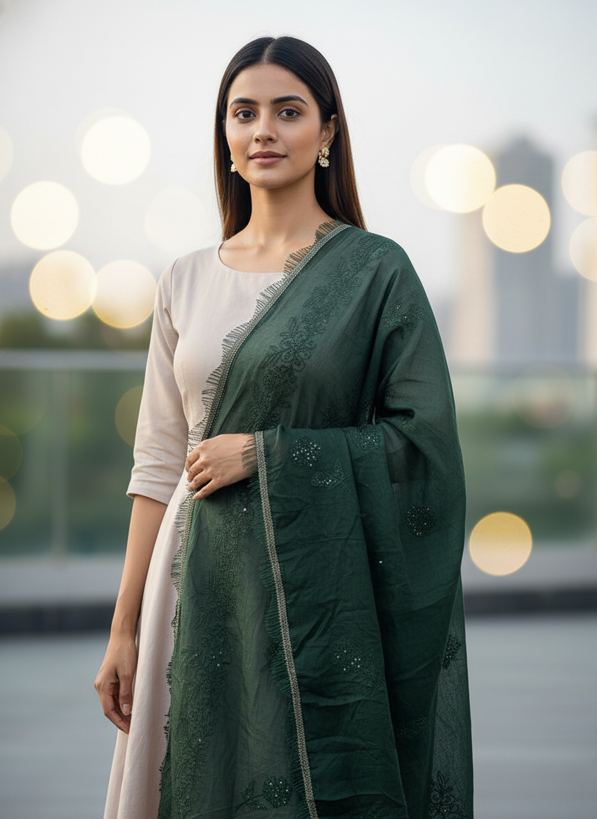 Dark Green Premium Soft Weave Dupatta with Fine Textured Detailing