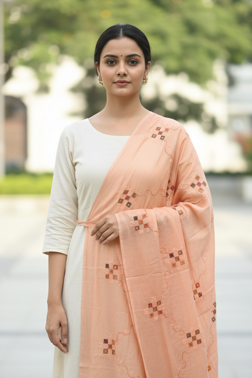Peach Embroidered Soft Fabric Dupatta for Traditional Occasions
