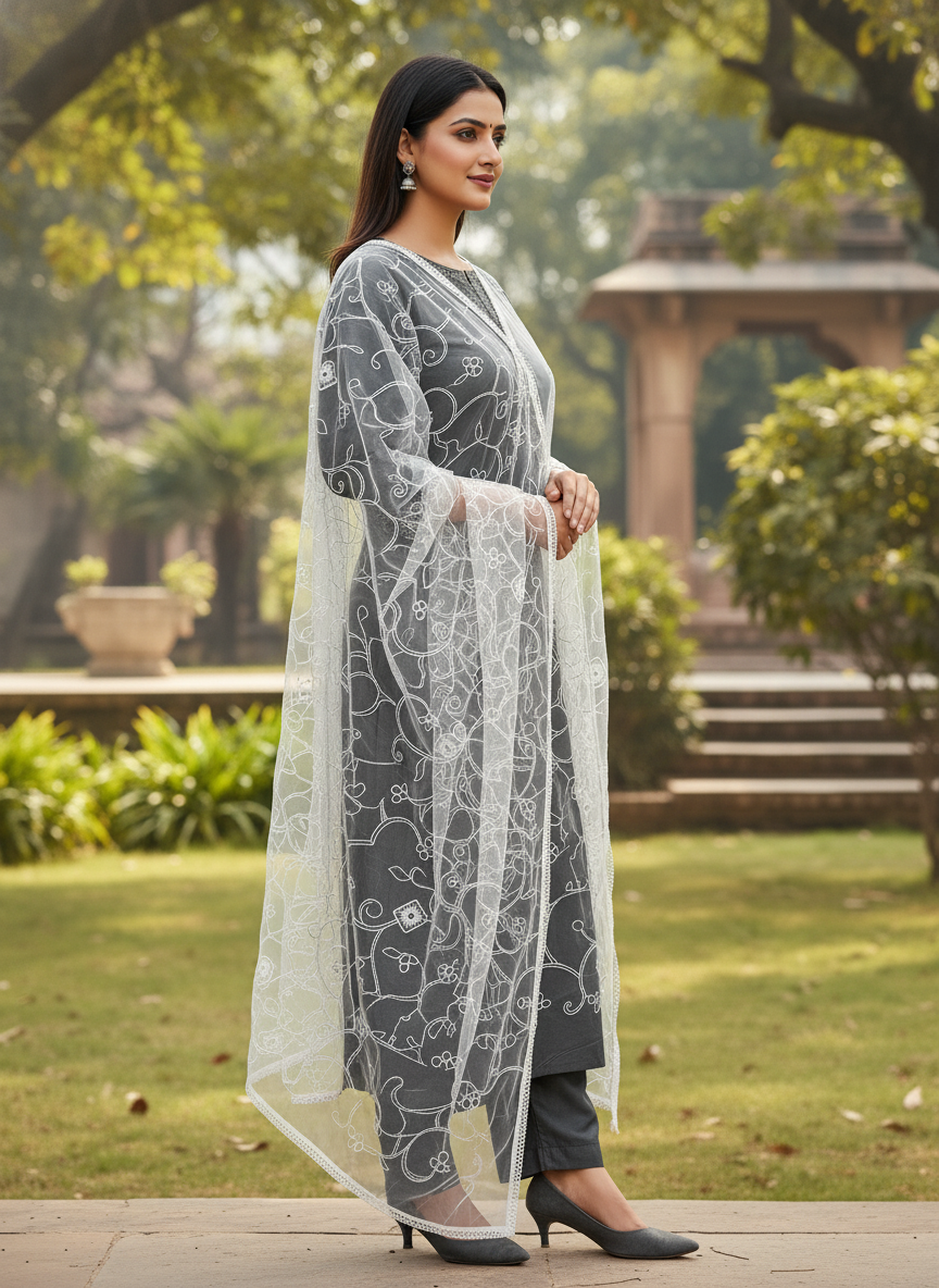 Floral Embroidered Net Dupatta For Festive Ethnic Fashion