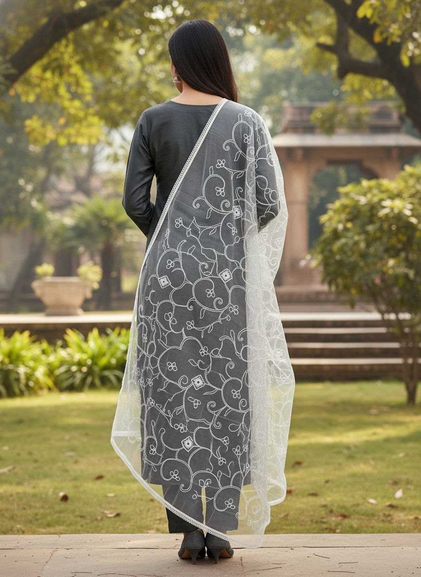 Floral Embroidered Net Dupatta For Festive Ethnic Fashion