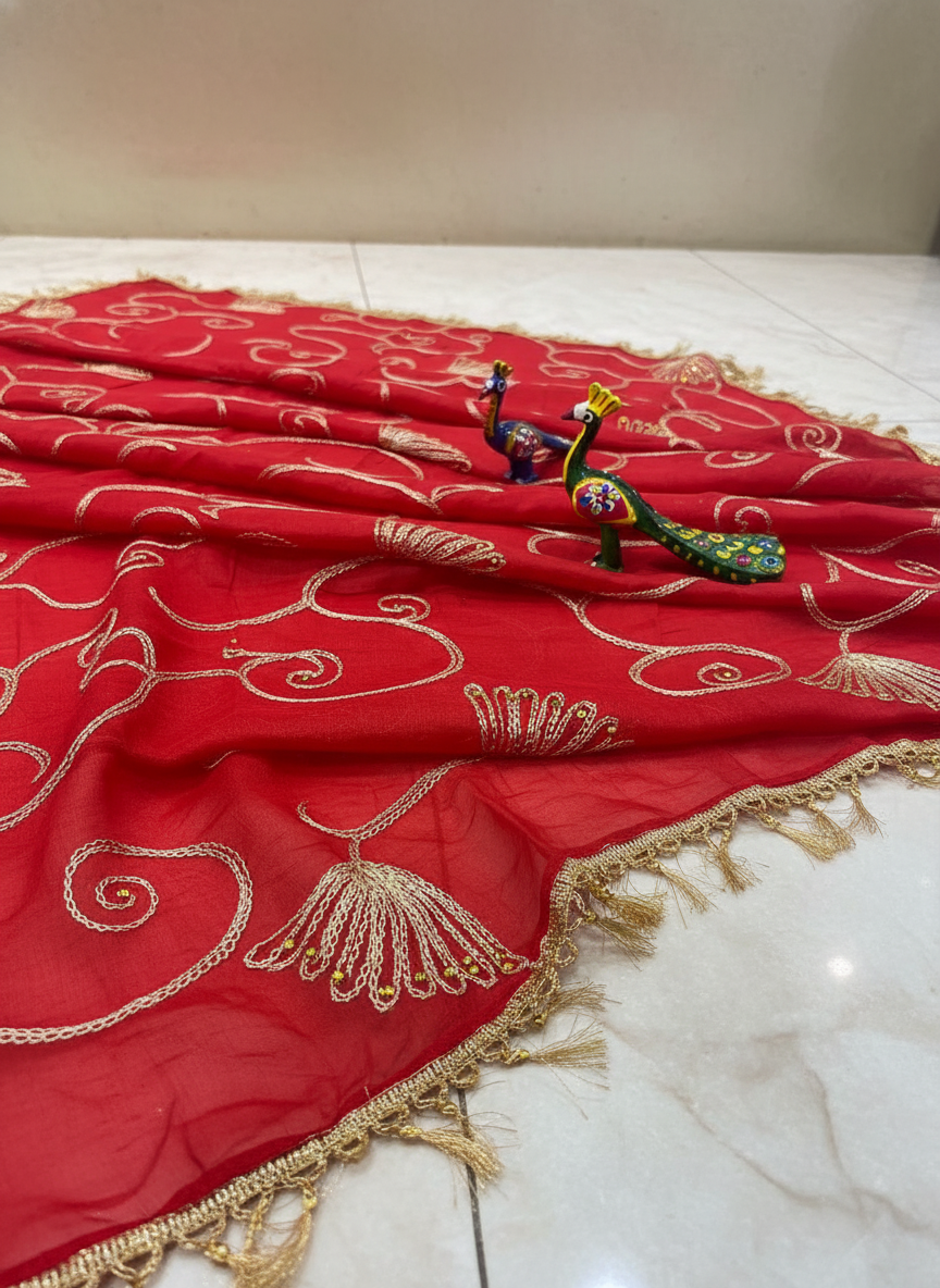 Red Elegant Ethnic Embroidered Dupatta for Festive and Traditional Wear