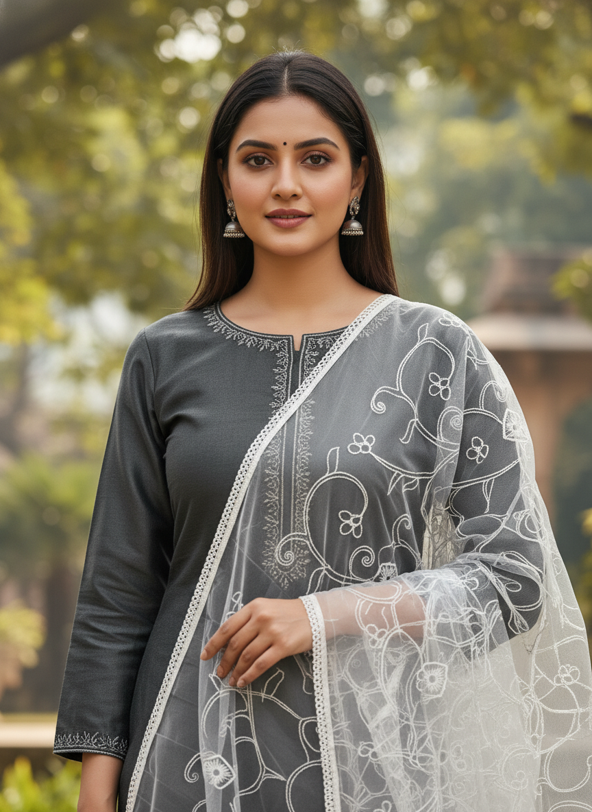 Floral Embroidered Net Dupatta For Festive Ethnic Fashion