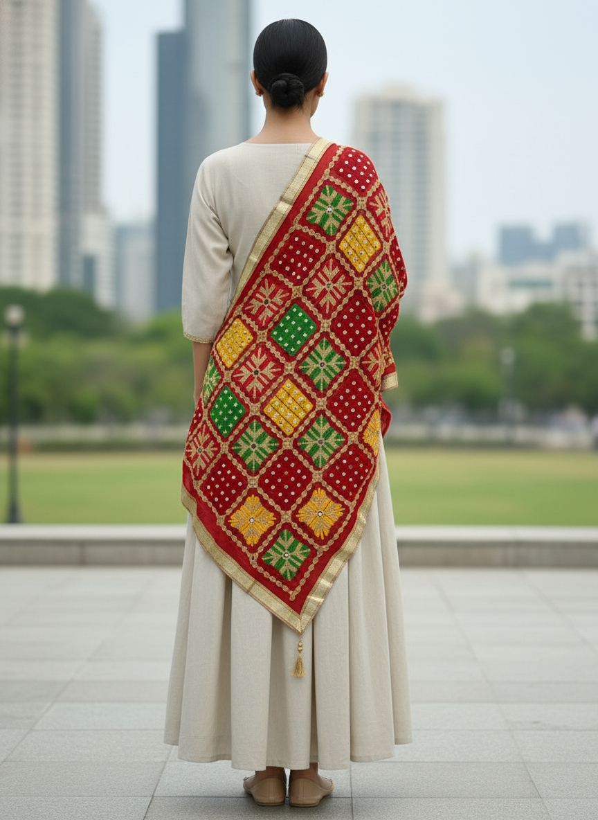 Red Handcrafted Mirror Work Dupatta for Ethnic and Festive Looks