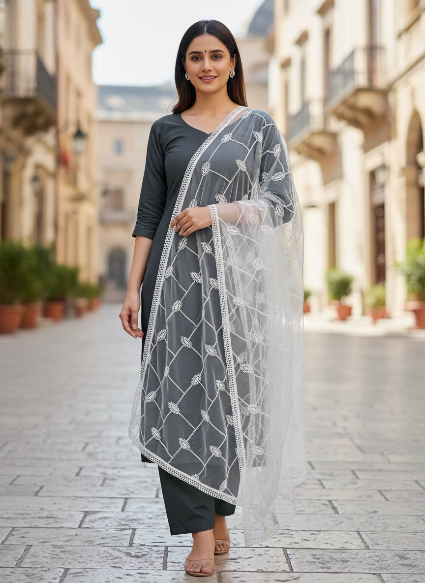Geometric Embroidery Net Dupatta Designer Ethnic Party Wear