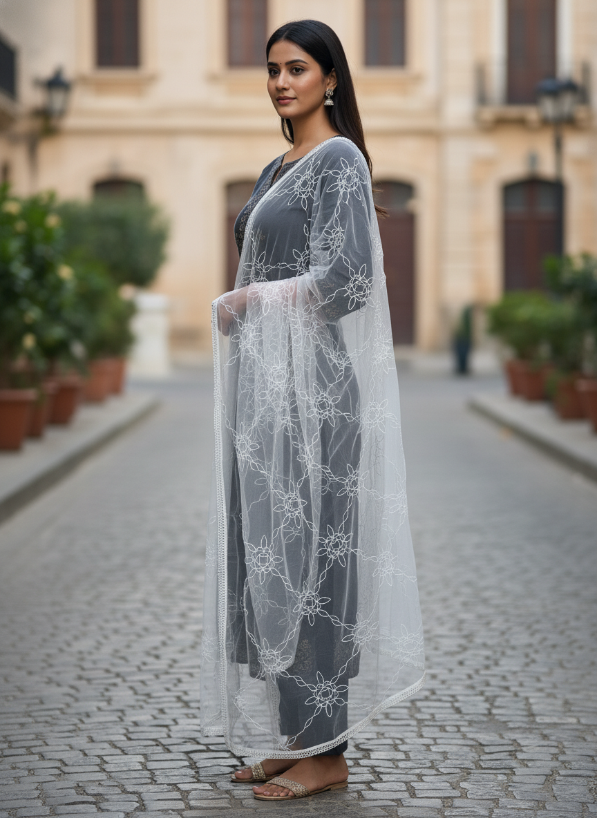 Geometric Embroidered Net Dupatta Designer Ethnic Party Wear