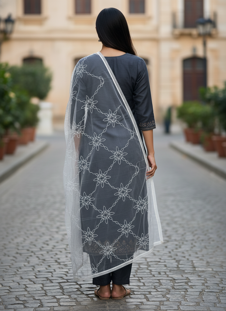 Geometric Embroidered Net Dupatta Designer Ethnic Party Wear