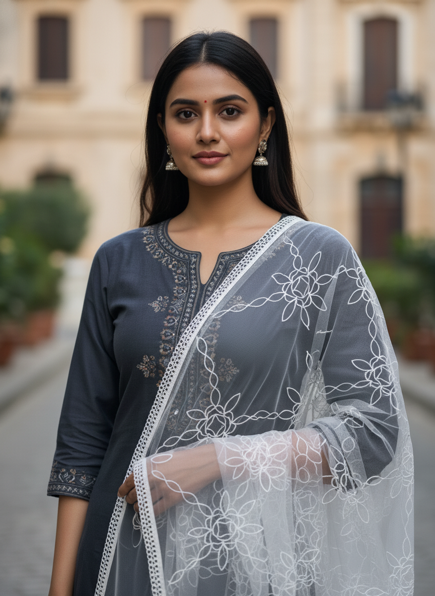 Geometric Embroidered Net Dupatta Designer Ethnic Party Wear