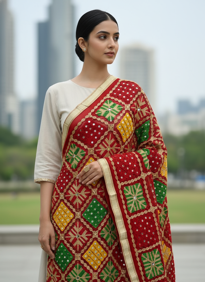 Red Handcrafted Mirror Work Dupatta for Ethnic and Festive Looks