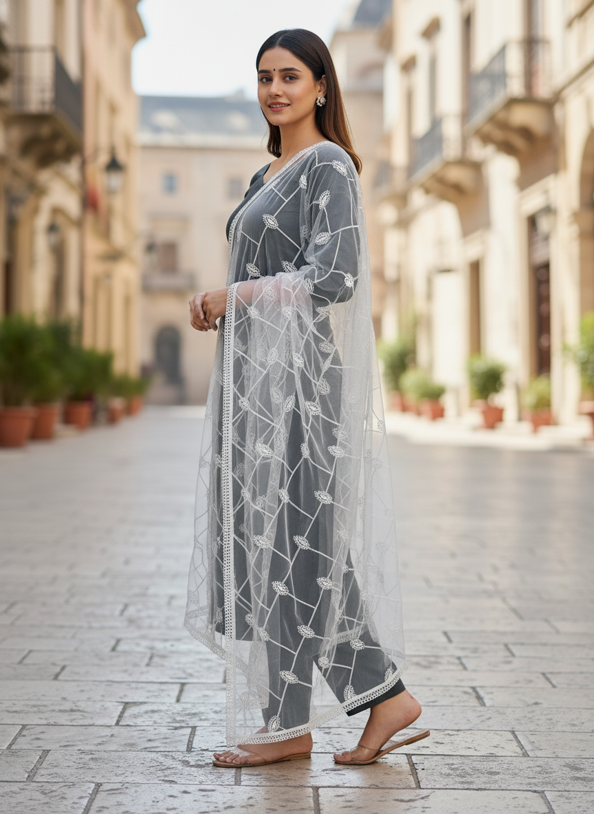 Geometric Embroidery Net Dupatta Designer Ethnic Party Wear