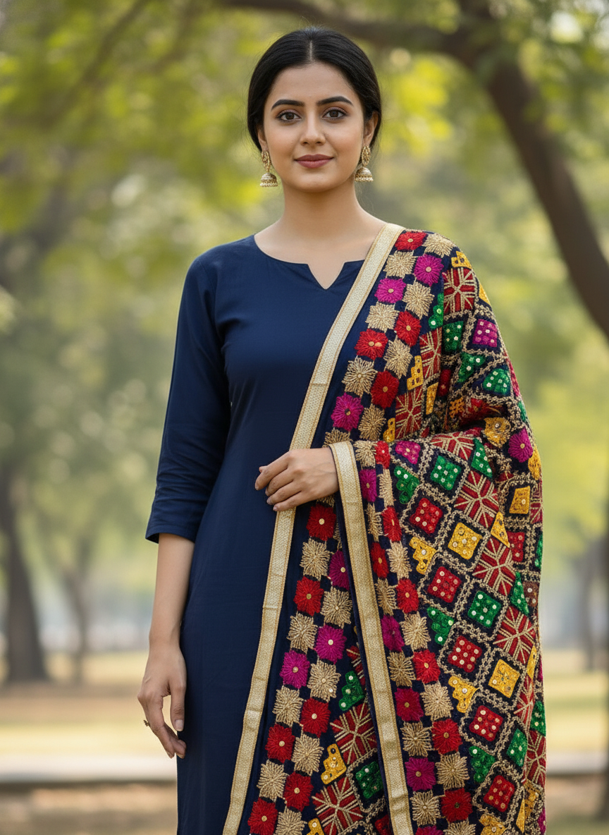 Navy Blue Elegant Traditional Embroidered Dupatta for Festive Wear