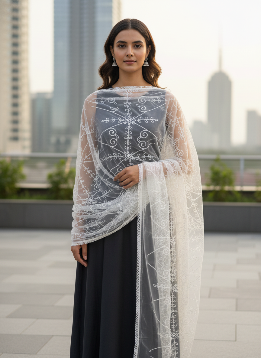 Designer Embroidered Net Dupatta Elegant Ethnic Party Fashion