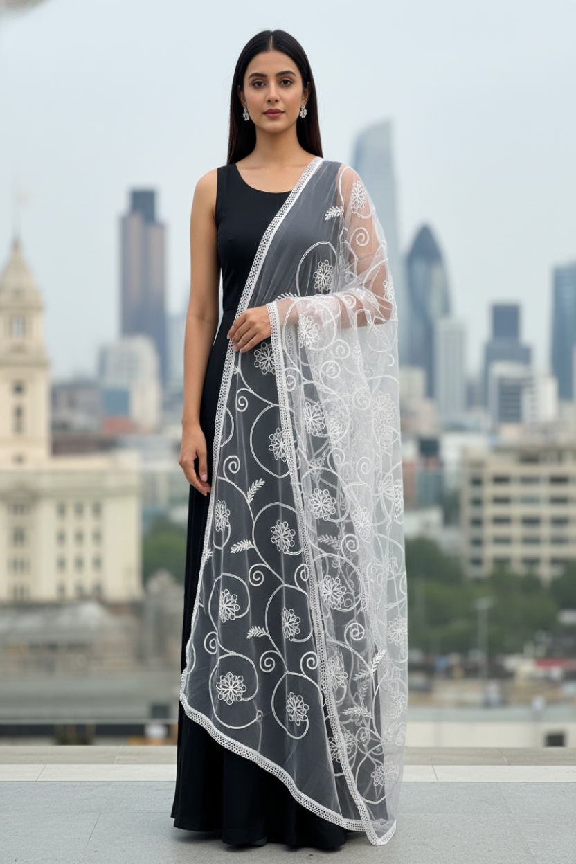 Modern Embroidered Net Dupatta For Party Wear Ethnic Look