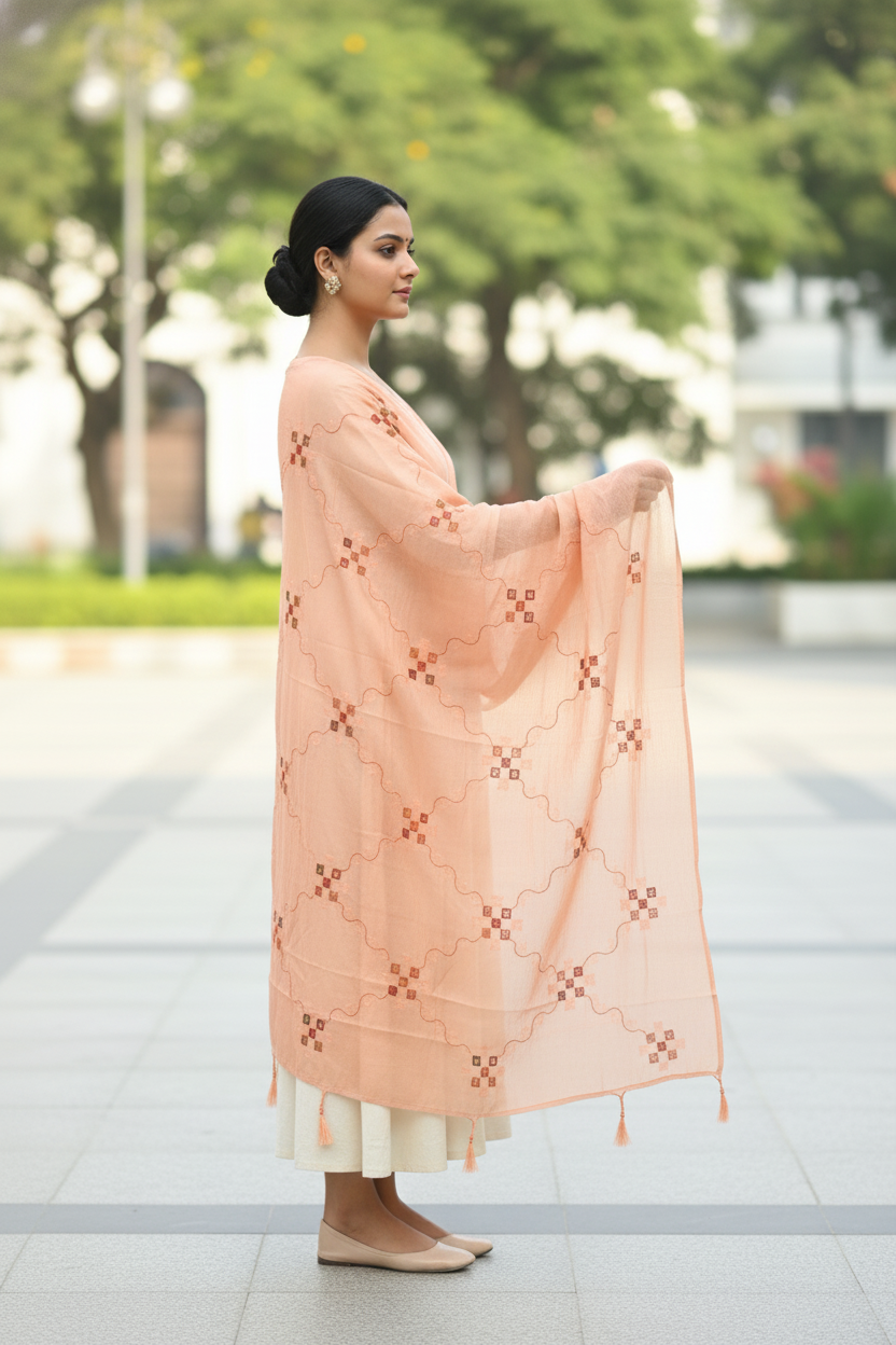 Peach Embroidered Soft Fabric Dupatta for Traditional Occasions